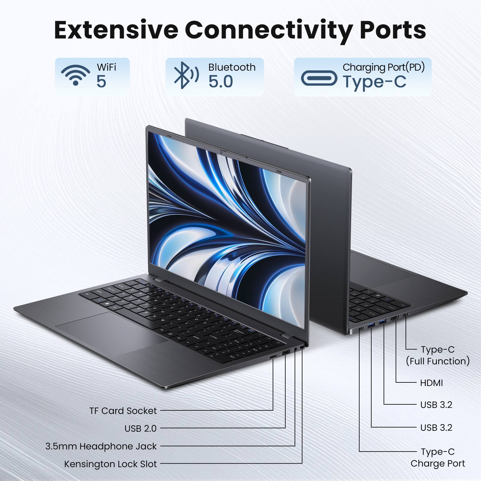 Extensive Connectivity Ports

- WiFi 5
- Bluetooth 5.0
- Charging Port (PD) Type-C

Type-C (Full Function)
HDMI
TF Card Socket
USB 3.2
USB 2.0
USB 3.2
3.5mm Headphone Jack
Kensington Lock Slot
Type-C Charge Port