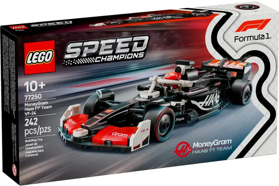 The text on the image reads: "LEGO Speed Champions Formula 1. LEGO Speed Champions Von Zipper 01 10+ 77250 AM MoneyGram Team Haas F1 VF-24. Angels 242 Money Gram pcs/pzs 1080 piece building toy construction Jouet de H G MoneyGram TEAM para HAAS F1 Juguete Construir."