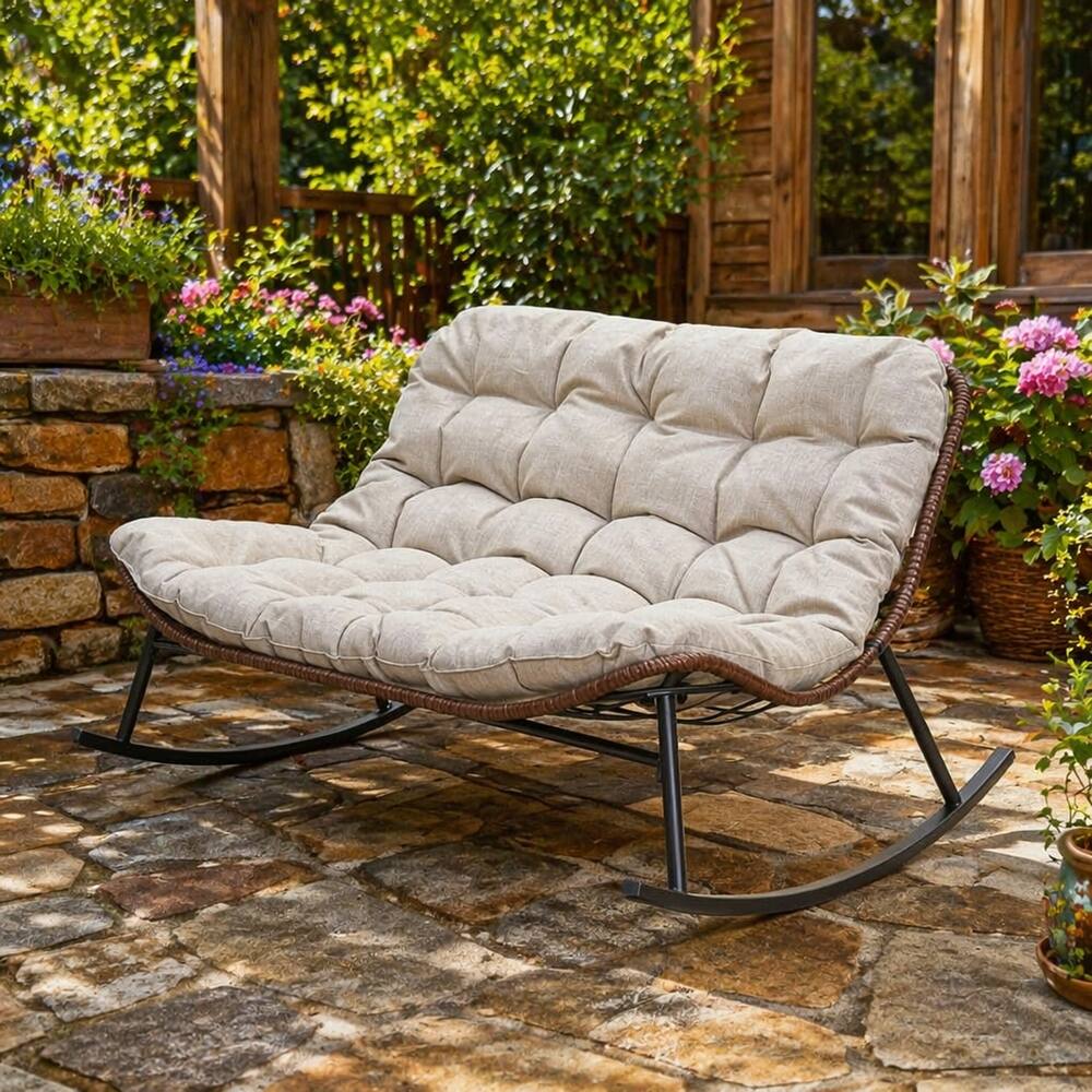 Angle. Loheer - Loheer Double Wide Rocking Papasan Chair 2-Person Oversized Patio Lounge Chair with Cushions PE Rattan - Beige.