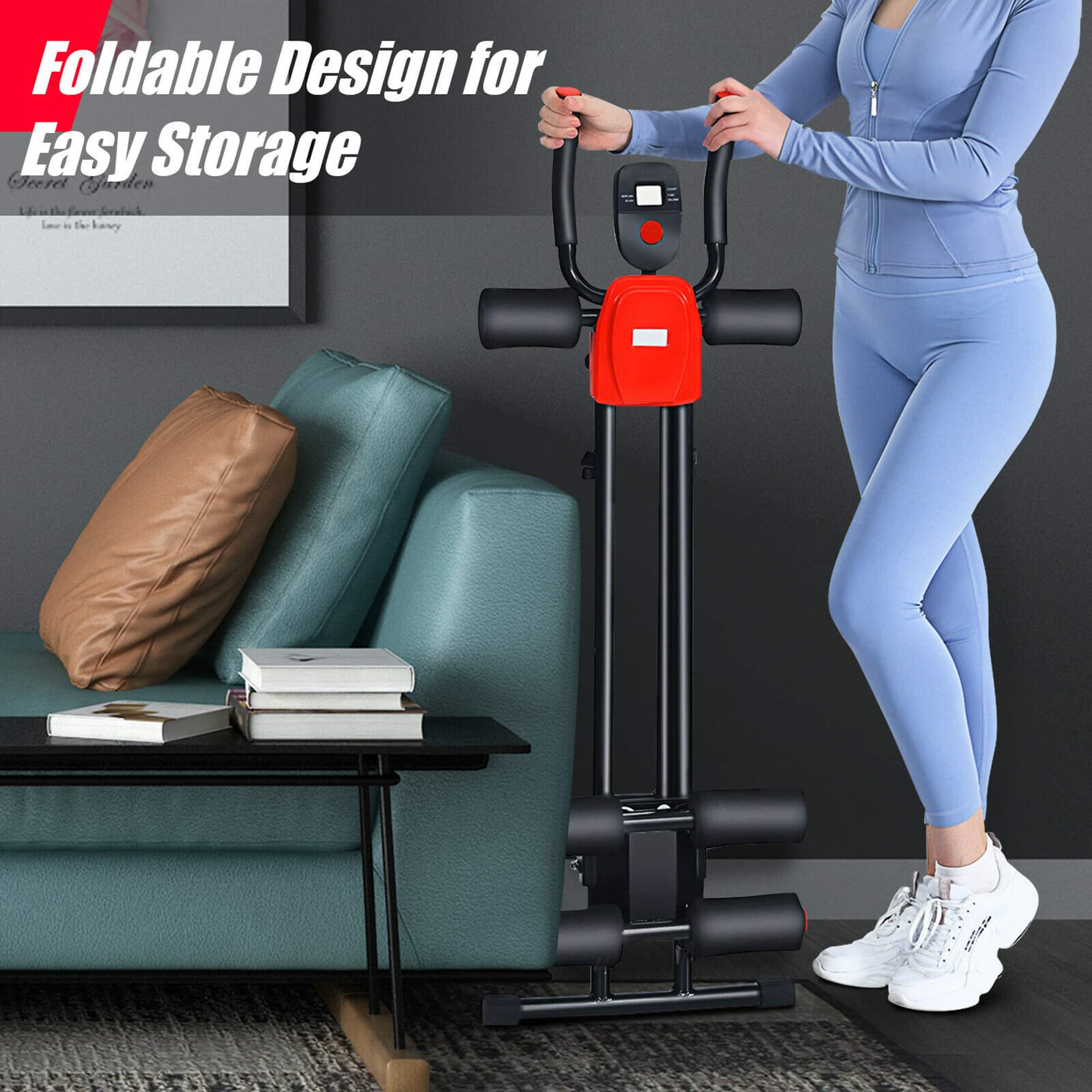 Foldable Design for Easy Storage: A woman is standing next to a foldable chair, which can be easily stored when not in use. The chair is designed to be compact and portable, making it a convenient option for those who need a quick and easy storage solution.
