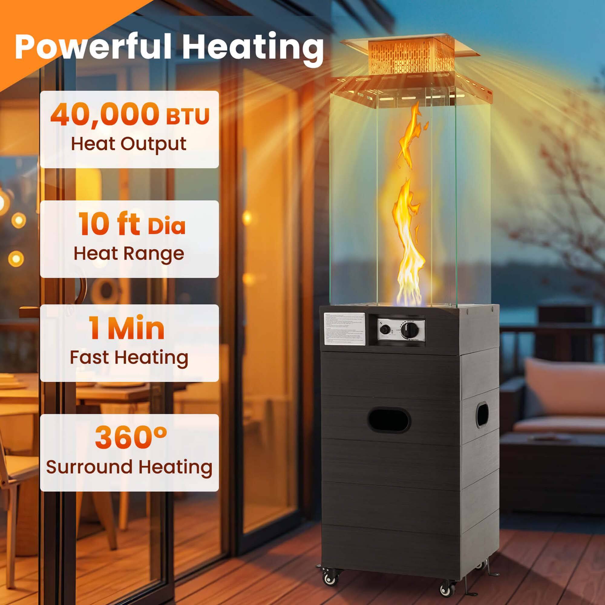 Powerful Heating

- 40,000 BTU Heat Output
- 10 ft Dia Heat Range
- 1 Min Fast Heating
- 360° Surround Heating