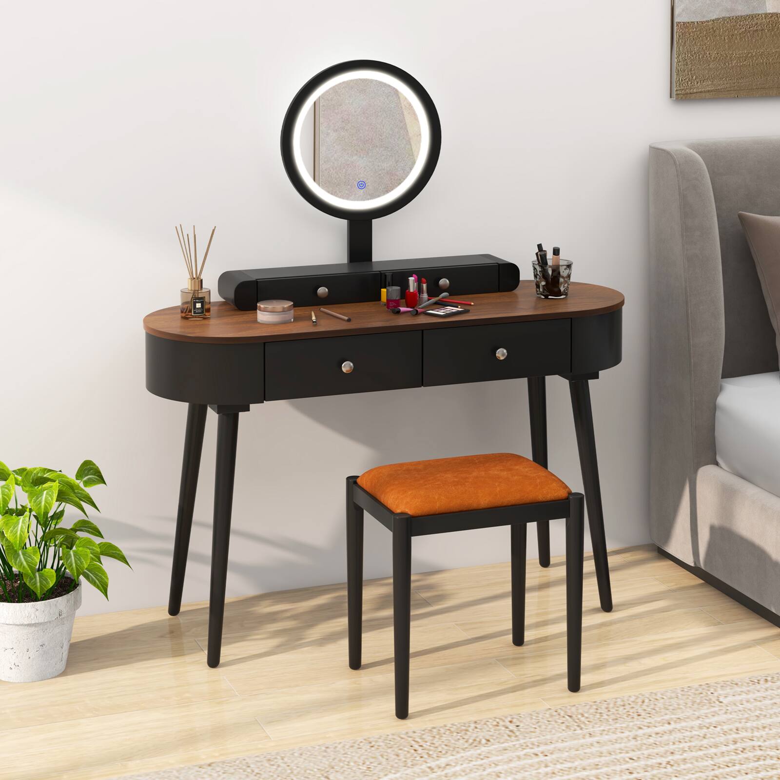 Alt View 7. Ecooso - 3-Drawer Makeup Vanity Desk with LED Mirror and Spacious Storage for Bedroom - Black.