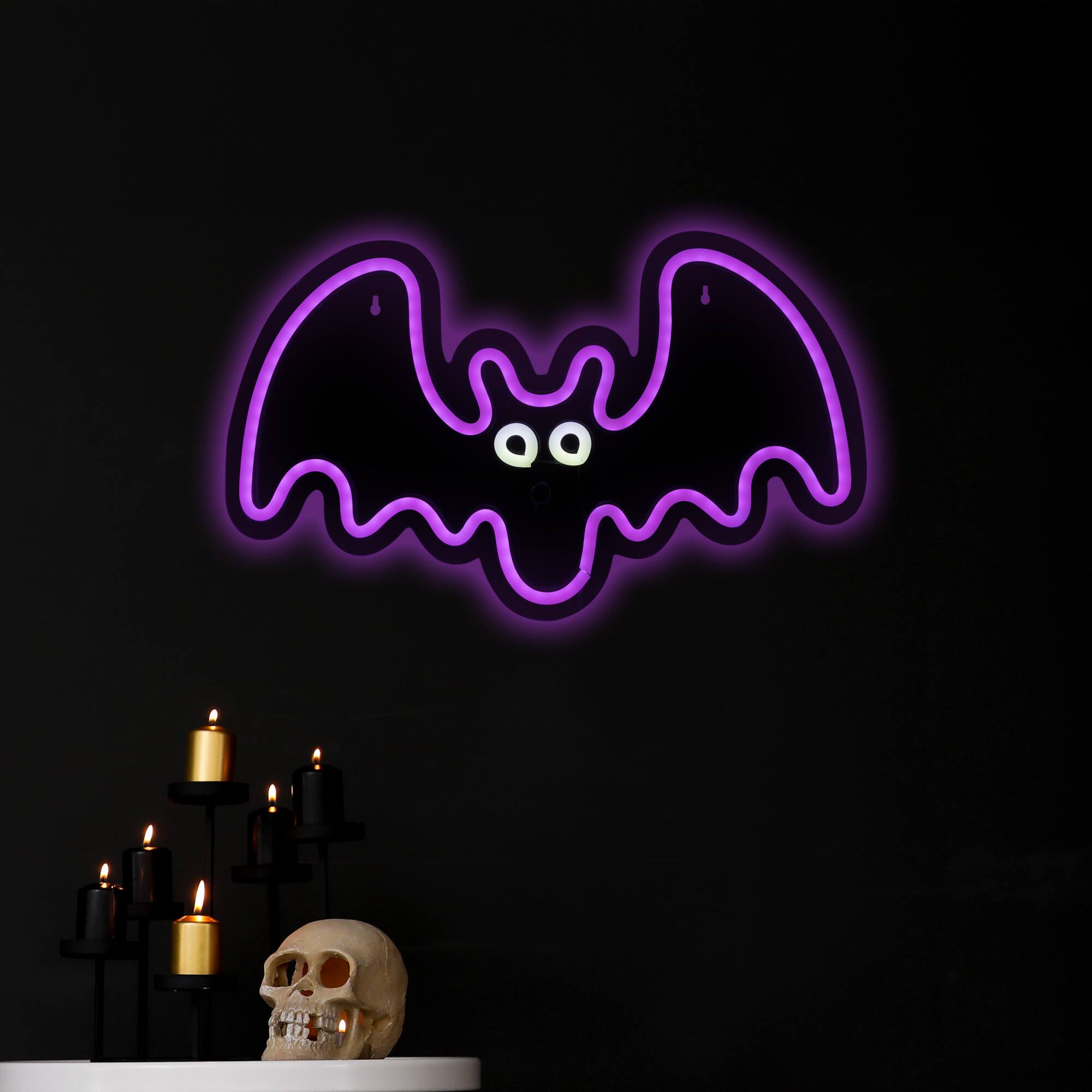 Alt View 2. Northlight - LED Neon Lighted Halloween Bat Wall or Window Decoration - 15" - Purple - Purple.