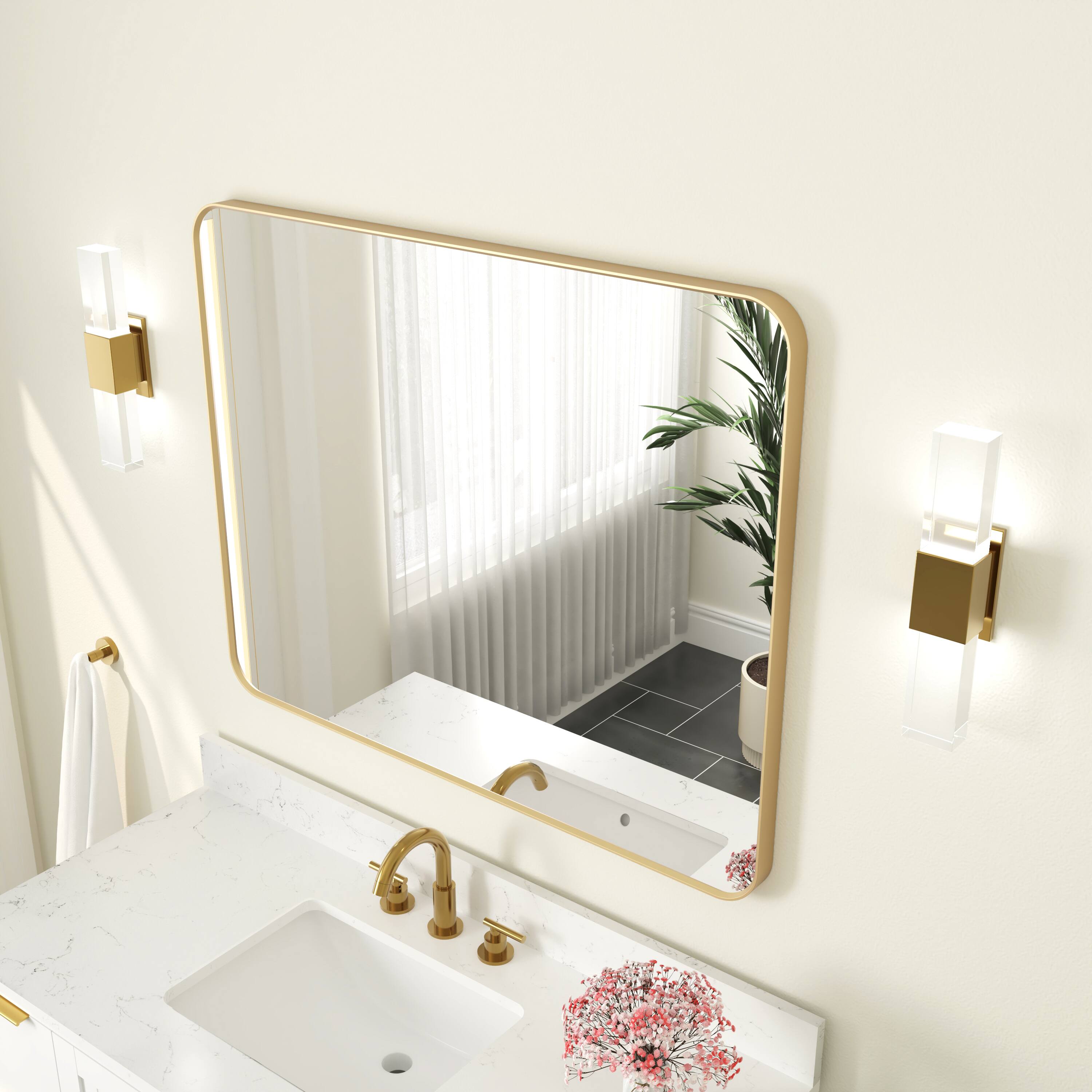 Back. WELLFOR - 40 in. W. x 32 in. H Rectangular Aluminum Framed Wall-Mounted Bathroom Vanity Mirror - Brushed Gold.