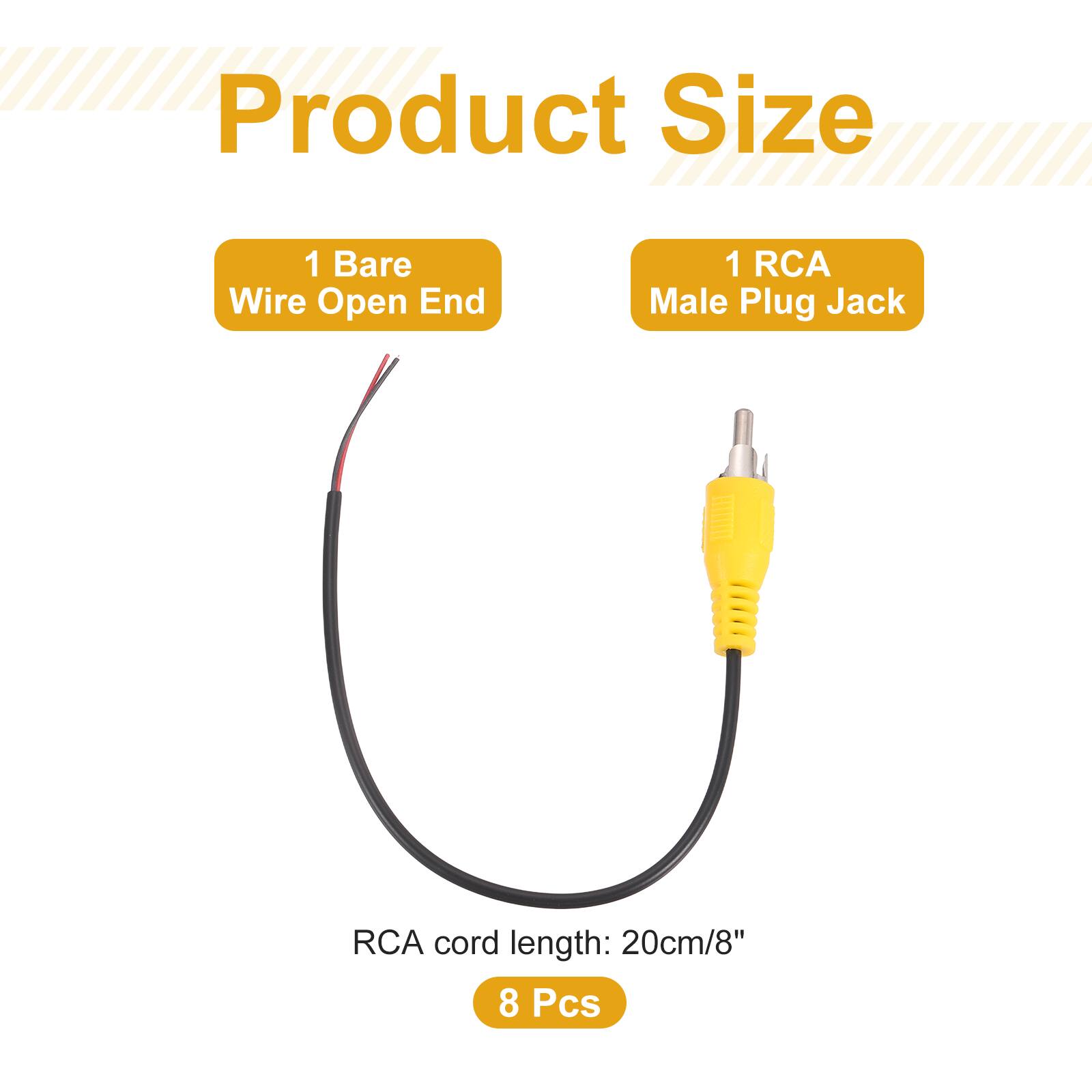 Product Size  
1 Bare Wire Open End  
1 RCA Male Plug Jack  
RCA cord length: 20cm/8"  
8 Pcs
