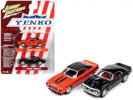 Johnny Lightning - 1969 Chevrolet Camaro Hugger Orange Black Top Stripes & 1967 Camaro Black White Stripe Red Interior Yenko 2-Pack 1/64 - Orange With Black, Black with White