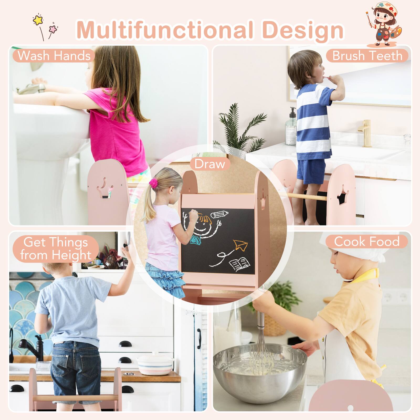 Multifunctional Design

- Wash Hands
- Brush Teeth
- Draw
- Get Things from Height
- Cook Food