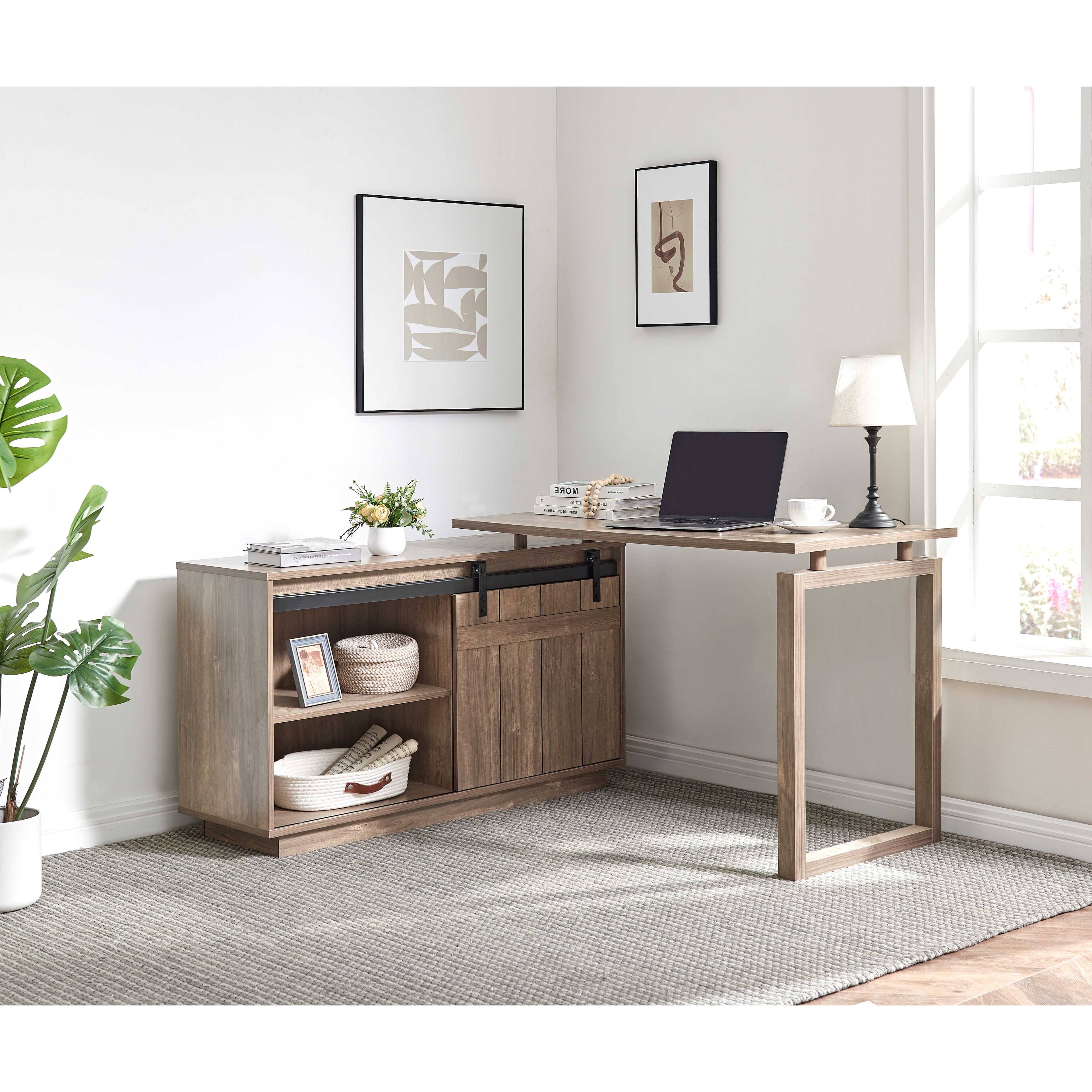 Angle. TinyHomie - Desk L-shaped Workstation Home Office attached storage credenza sliding barn door finished on the back reversible - Brown.