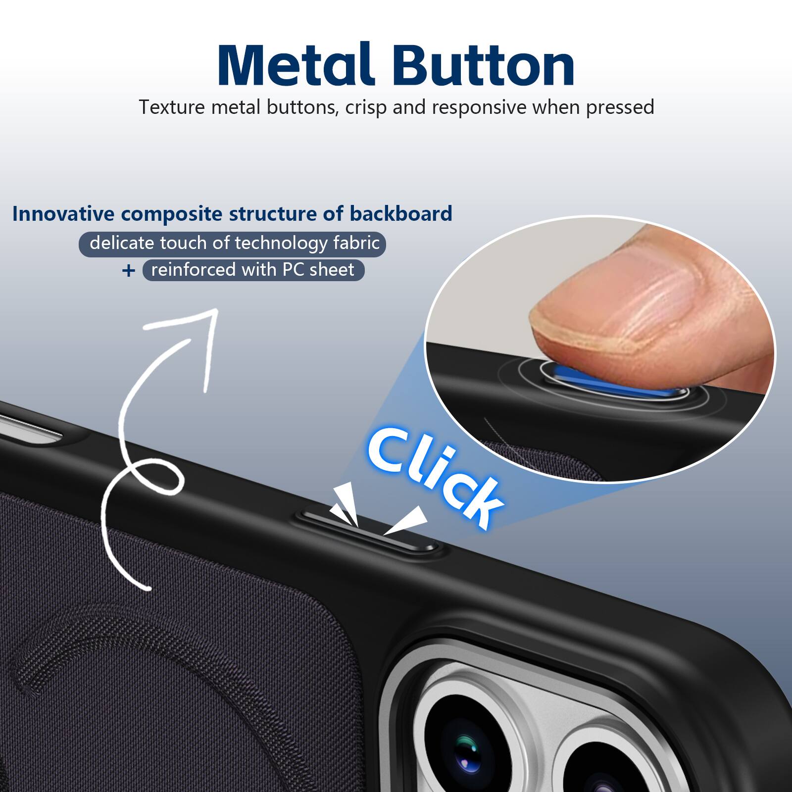 Metal Button  
Texture metal buttons, crisp and responsive when pressed  

Innovative composite structure of backboard  
delicate touch of technology fabric + reinforced with PC sheet  

Click