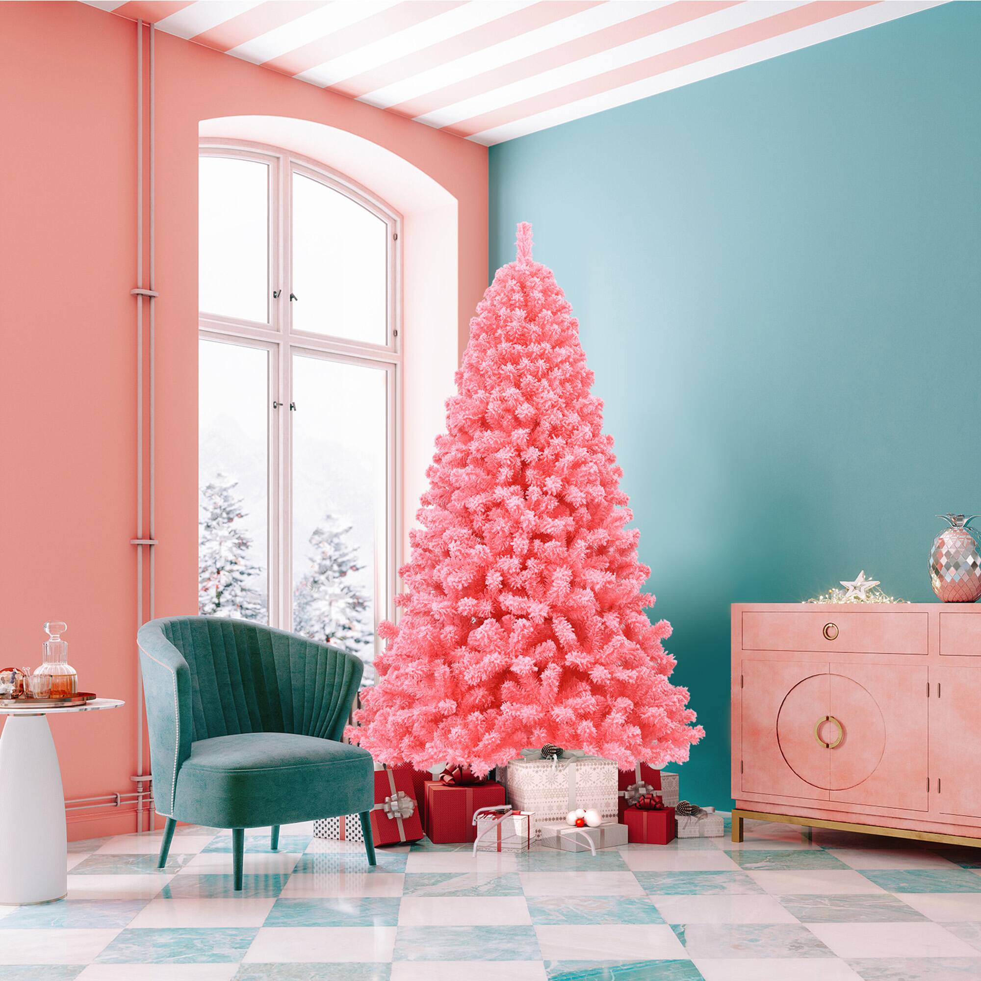 Alt View 3. Gymax - Gymax 7.5 FT Artificial Snow Flocked Pink Christmas Tree Unlit Xmas PVC Tree - Pink.