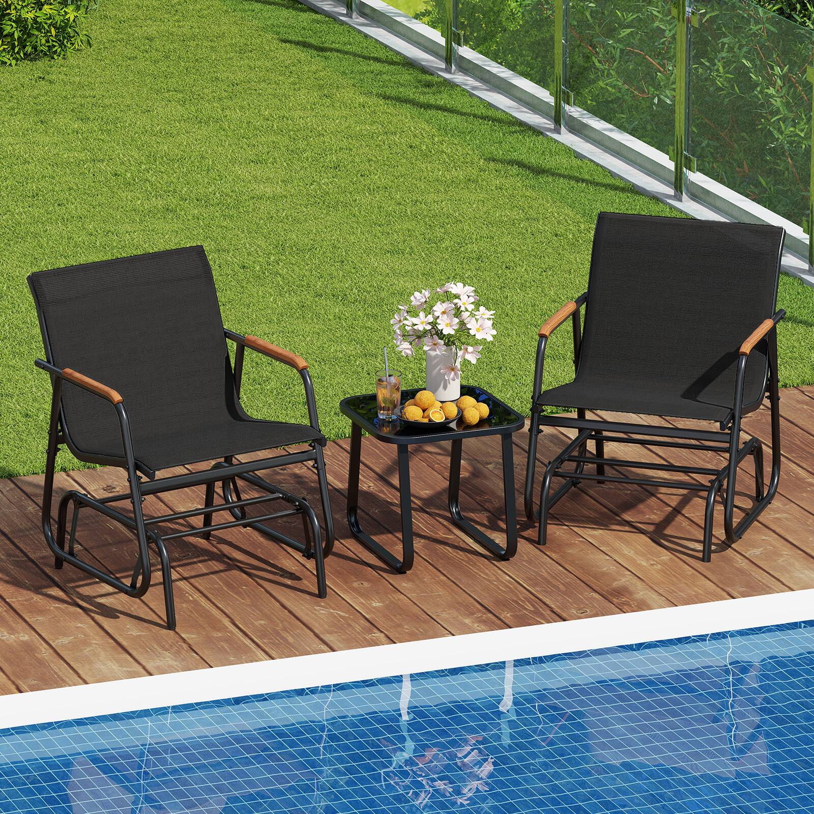 Alt View 1. Gymax - Gymax 3 Piece Outdoor Gliding Set w/ Tempered Glass Coffee Table Teak Wood Armrests Black - Black.