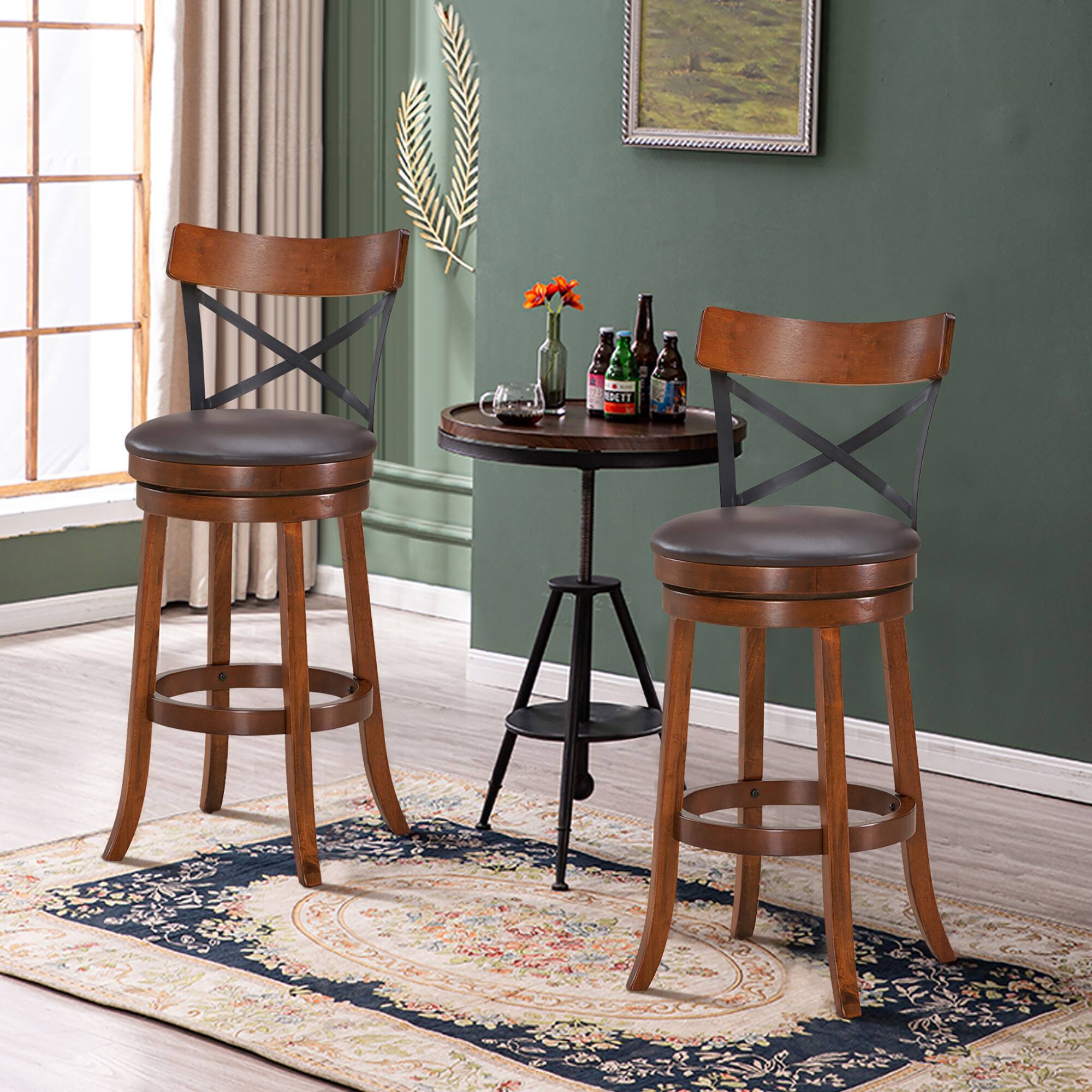 Alt View 1. Costway - Costway Set of 2 Bar Stools Swivel 29.5" Dining Bar Chairs with Rubber Wood Legs - Walnut,Black,Brown.