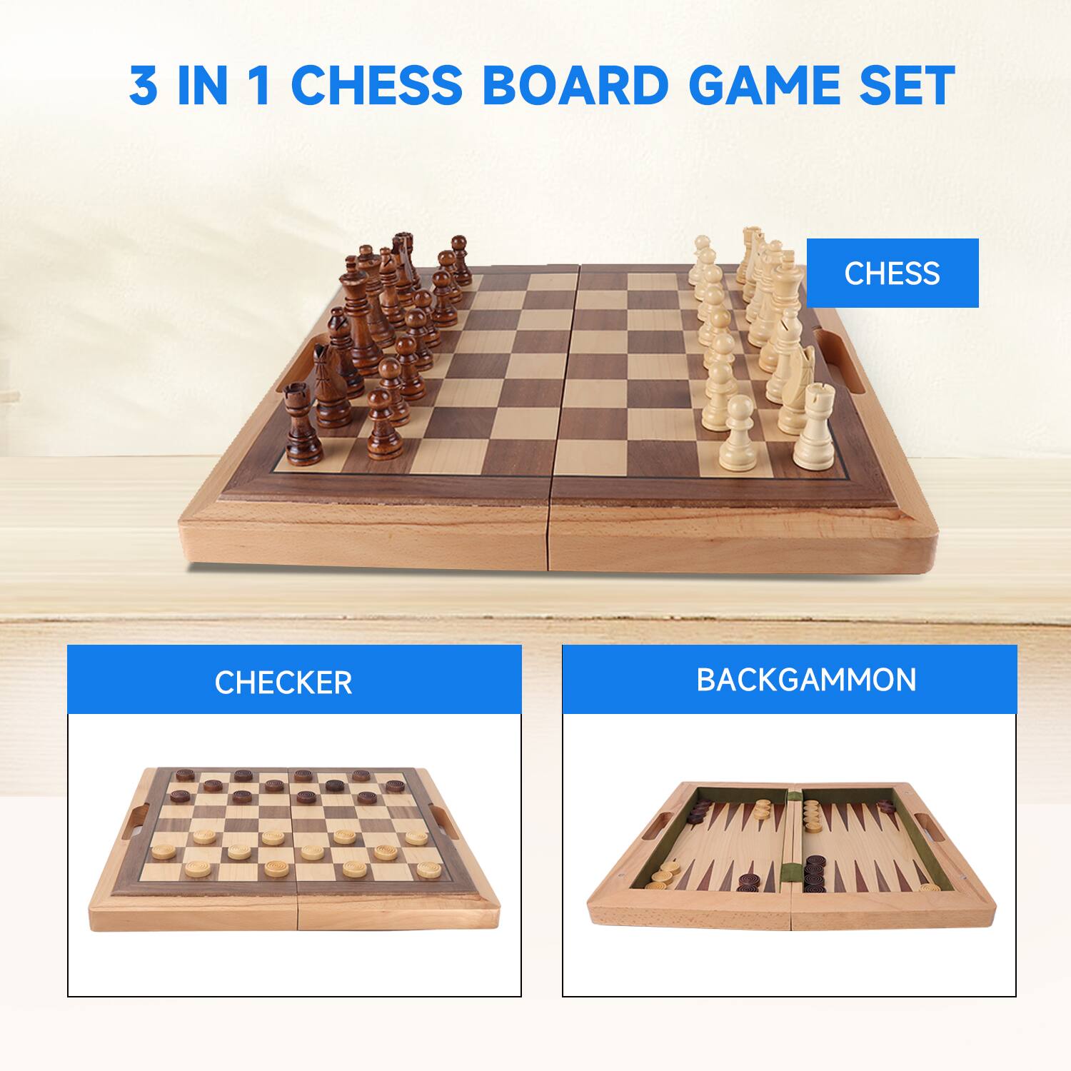 3 IN 1 CHESS BOARD GAME SET
CHESS
CHECKER
BACKGAMMON