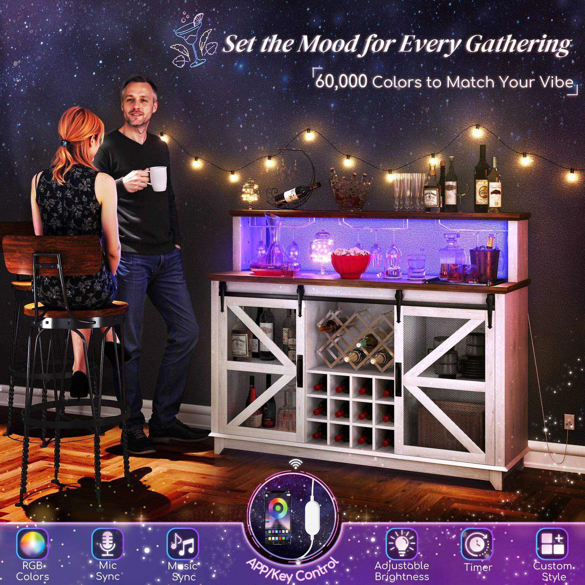 Set the Mood for Every Gathering 60,000 Colors to Match Your Vibe RGB Colors Mic Sync Music Sync APP/Key Control Adjustable Brightness Timer Custom Style