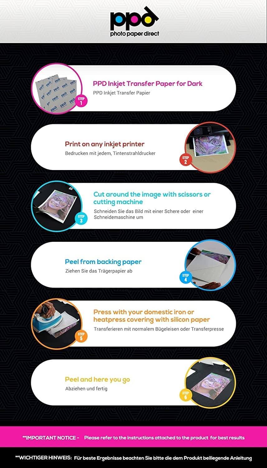 Here is the corrected and grouped text:

---

**PPD Inkjet Transfer Paper for Dark**

**STEP 1:**  
Print on any inkjet printer  
Bedrucken mit jedem Tintenstrahldrucker

**STEP 2:**  
Cut around the image with scissors or cutting machine  
Schneiden Sie das Bild mit einer Schere oder einer Schneidemaschine um

**STEP 3:**  
Peel from backing paper  
Ziehen Sie das Trägerpapier ab

**STEP 4:**  
Press with your domestic iron or heatpress covering with silicon paper  
Transferieren mit normalem Bügeleisen oder Transferpresse

**STEP 5:**  
Peel and here you go  
Abziehen und fertig

**IMPORTANT NOTICE:**  
Please refer to the instructions attached to the product for best results  
**WICHTIGER HINWEIS:**  
Für beste Ergebnisse beachten Sie bitte die dem Produkt beigelegte Anleitung

---