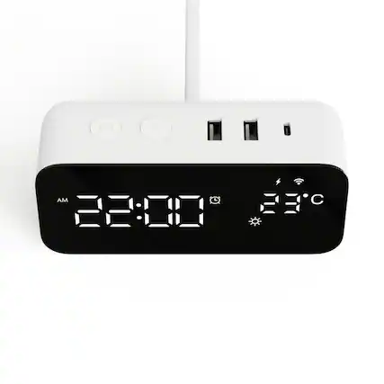 Front. Dazzed Corner - Smart WiFi Alarm Clock with Fast Charging, 2 AC Outlets - White.