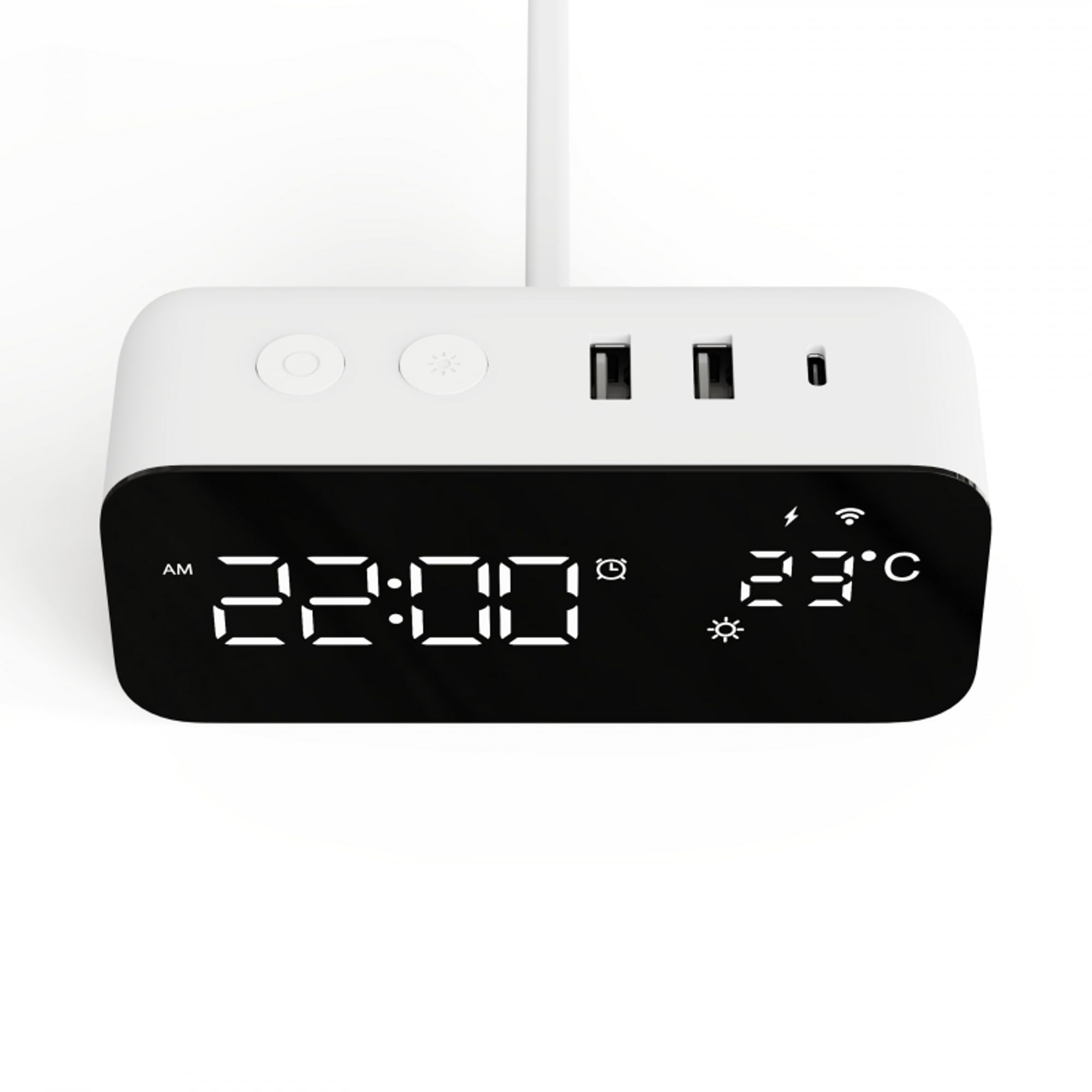 Front. Dazzed Corner - Smart WiFi Alarm Clock with Fast Charging, 2 AC Outlets - White.