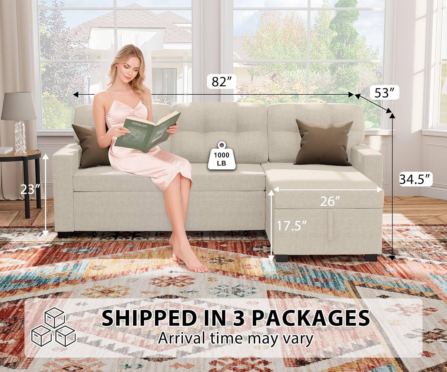 82" 53" 23" 1000 LB 26" 34.5" 17.5"  
SHIPPED IN 3 PACKAGES  
Arrival time may vary