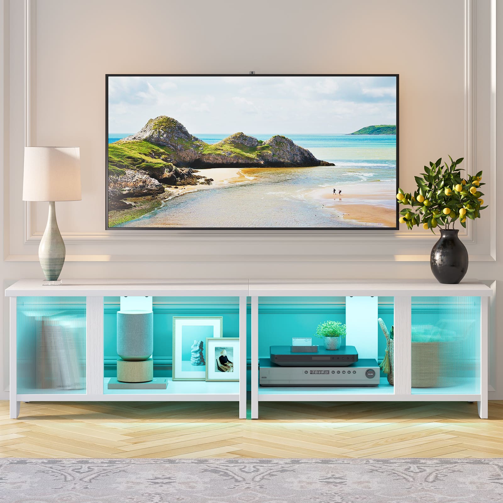 Pinmoco - 55" 3-in-1 LED TV Stand with Translucent Fluted Doors - Walnut