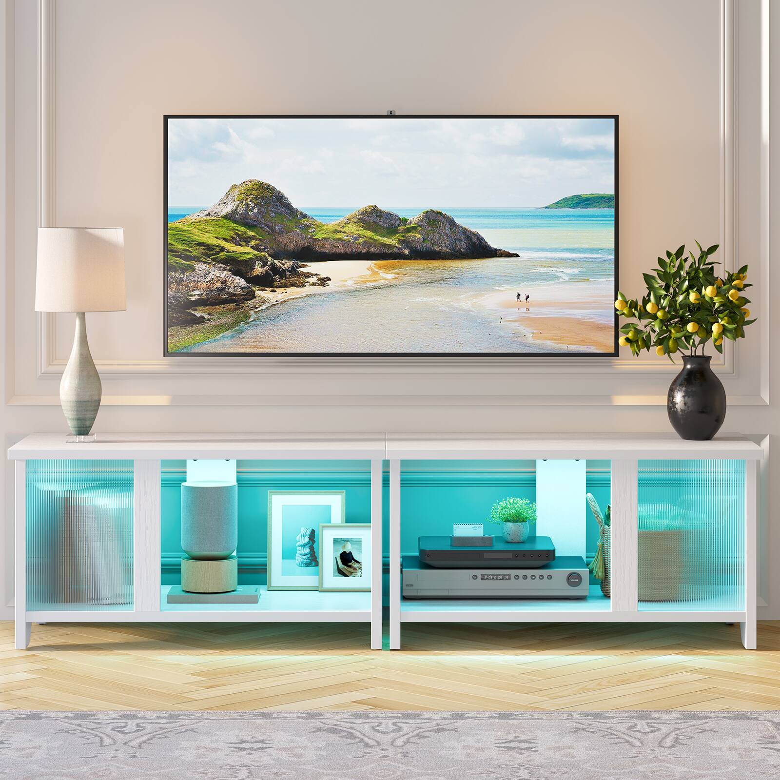 Front. Pinmoco - Pinmoco - 55" 3-in-1 LED TV Stand with Translucent Fluted Doors - Walnut - Walnut.