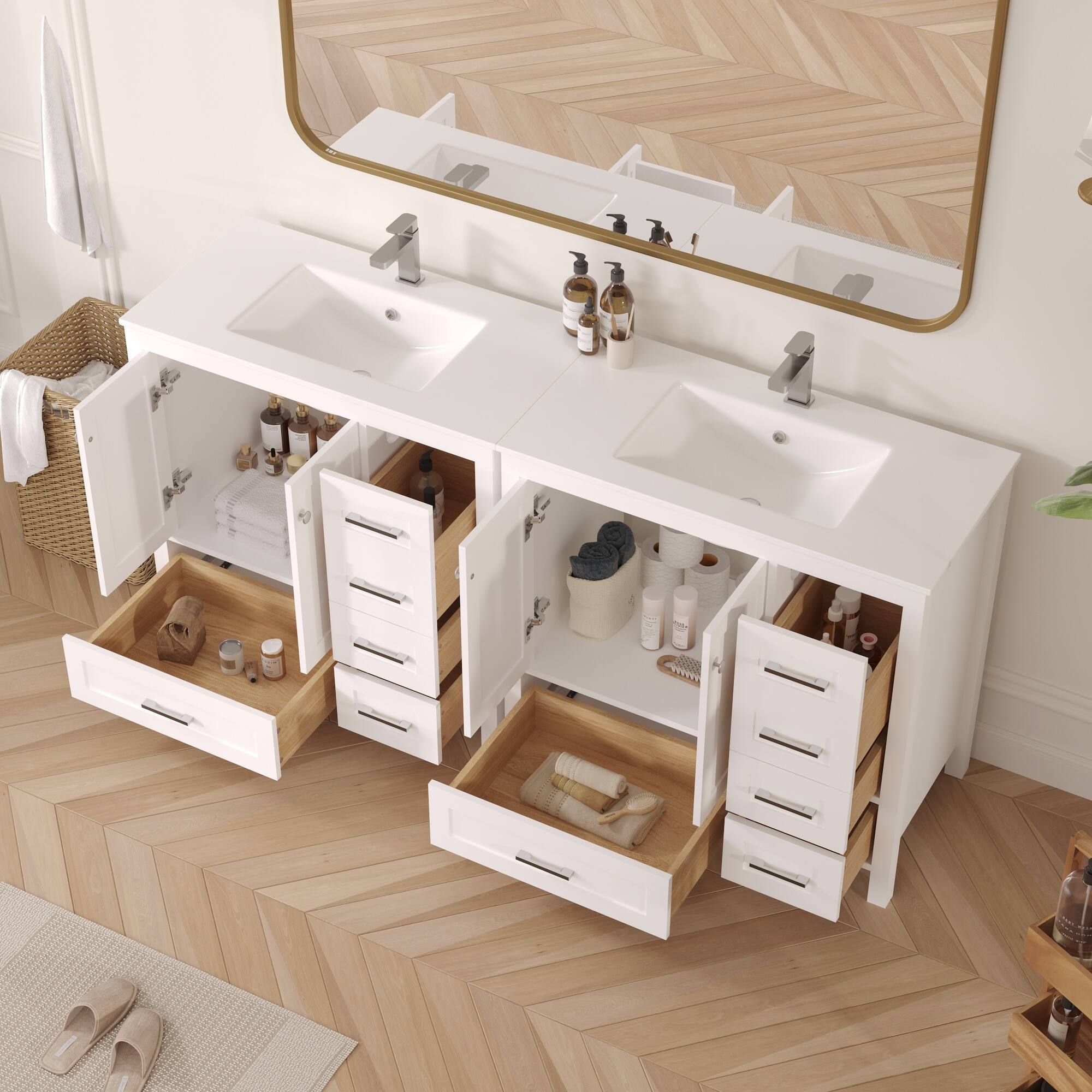 Alt View 8. U-HOMY - Modern Bathroom Vanity with Ceramic Sink, Soft-Close Storage Cabinet and Drawer, Glossy Countertop, White - 36"x18".