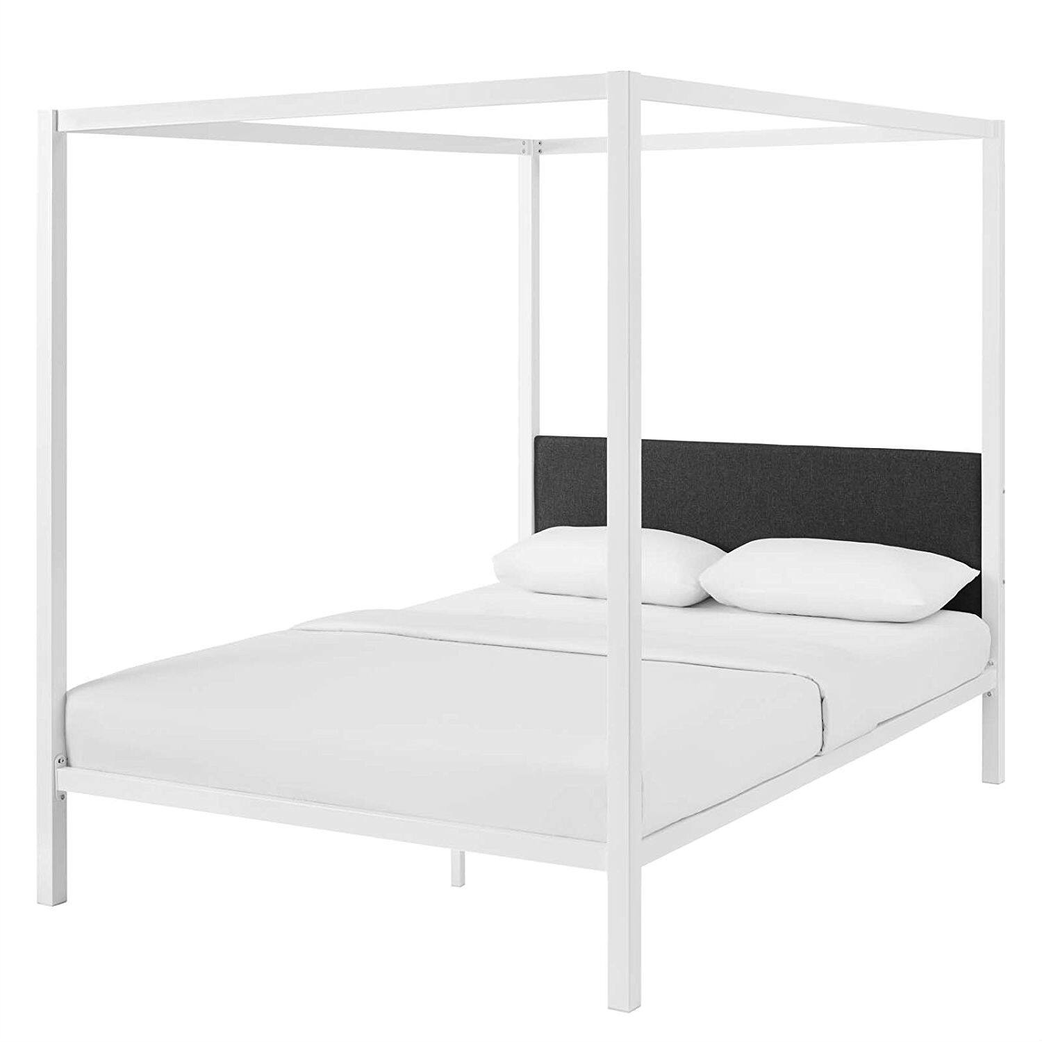 Angle. Hivvago - Hivvago Queen size Metal Canopy Bed Frame with Fabric Upholstered Headboard - White.
