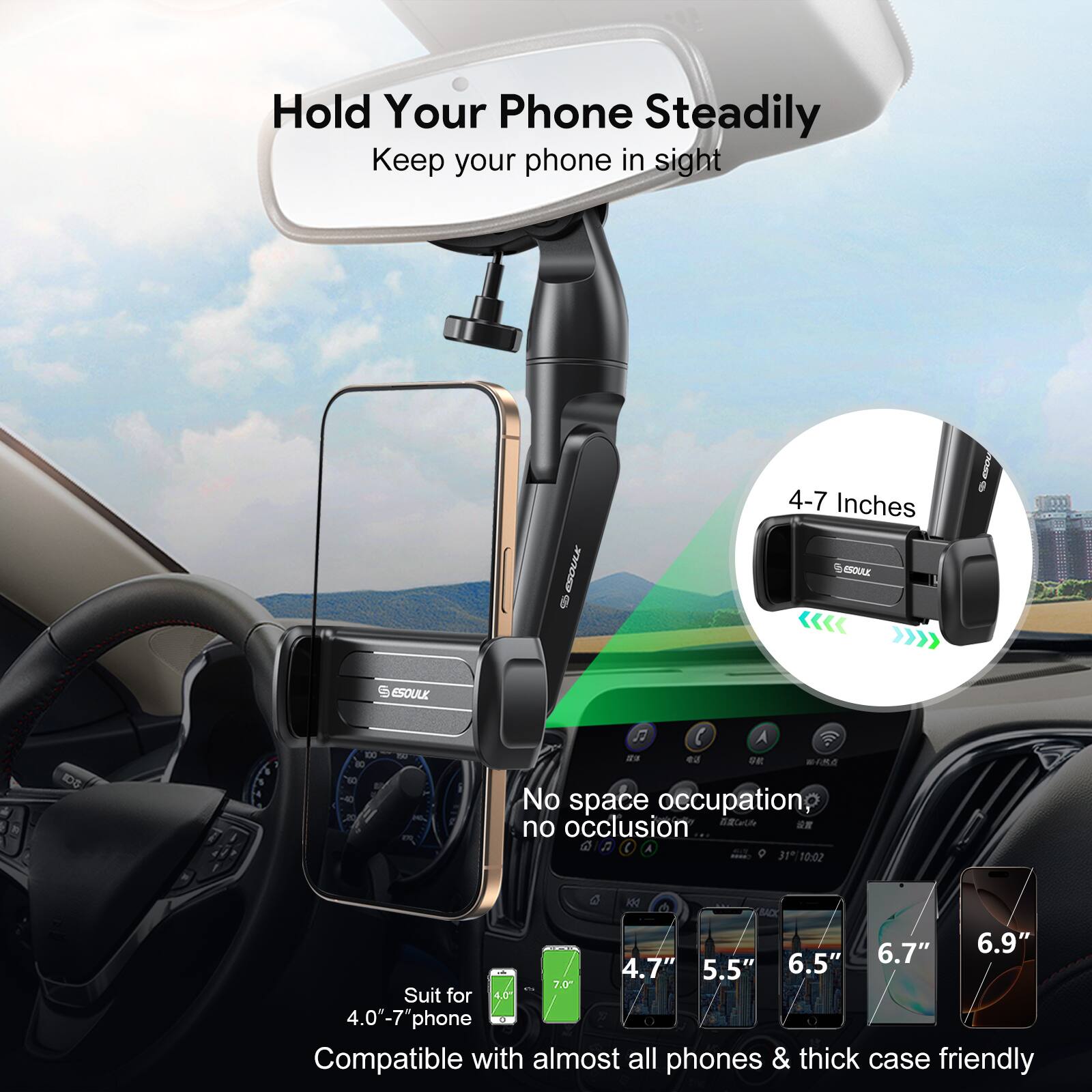 Hold Your Phone Steadily, Keep your phone in sight, ESOUAK, 4-7 Inches, No space occupation, no occlusion, Suit for 4.0-7 phone, Compatible with almost all phones & thick case friendly, 6.7", 6.9", 4.7", 5.5", 6.5", 7.0"