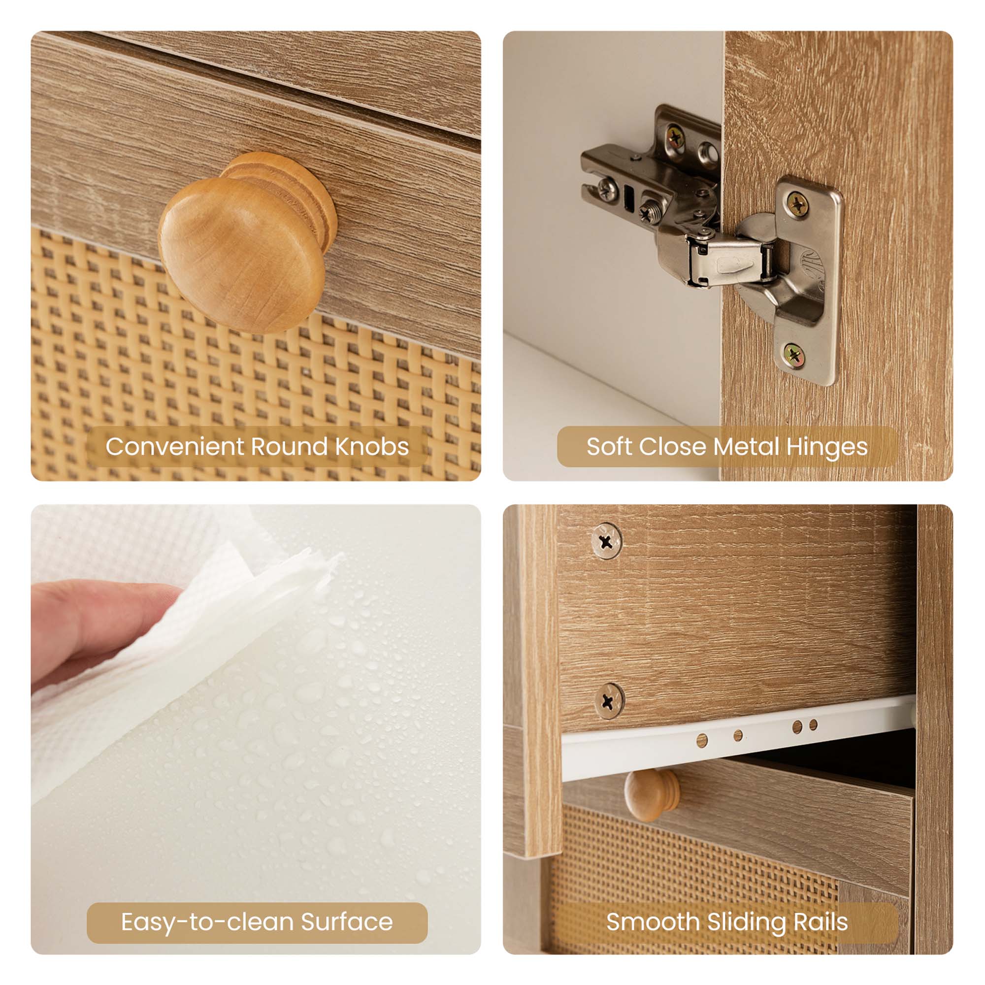 The image features a wooden cabinet with four different types of handles and knobs. The first handle is a convenient round knob, the second is a soft close metal hinge, the third is an easy-to-clean surface, and the fourth is a smooth sliding rail. These handles and knobs provide various functionalities and enhance the overall user experience of the cabinet.