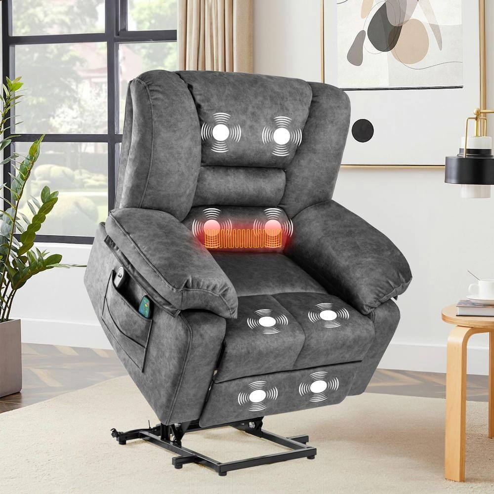 Alt View 6. Kadyn - Swivel Rocking Recliner Chair, 8-Point Massage & Heat, 360° Rotation, USB Port, Cup Holders, Gray - Gray.