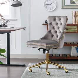 Trinkets Crazed - Home Office Chair with Wheels & Silver Base, Velvet Fabric Makeup Vanity Chair with Tufted Back, Swivel Desk Chair - Gray