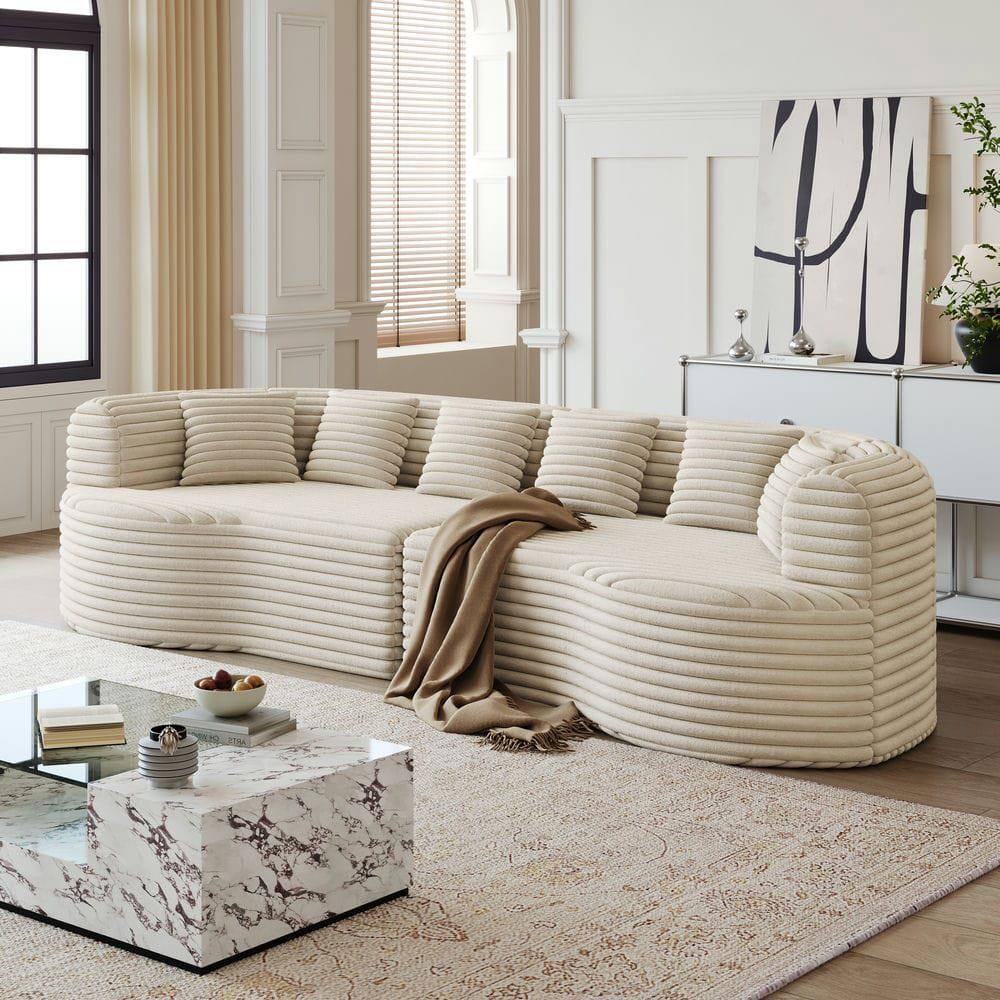 Alt View 2. Kadyn - 106.3" Curved Sectional Sofa, 4-Seater Corduroy Cloud Couch with 6 Pillows and Memory Foam - Beige.