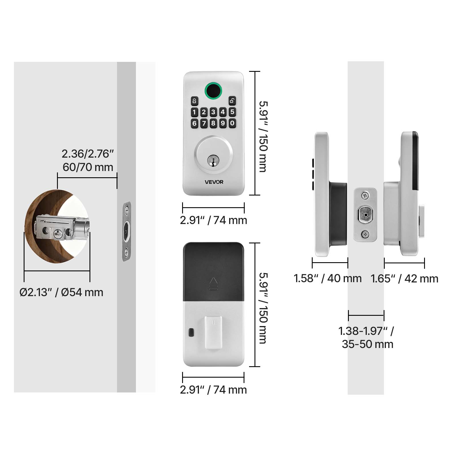 2.36/2.76" 60/70 mm  
2.91" / 74 mm  
02.13" / 054 mm  
5.91" / 150 mm  
1.58" / 40 mm  
1.65" / 42 mm  
1.38-1.97" / 35-50 mm  
VEVOR