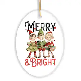 OrnamentallyYou - Vintage Elves Merry Bright Christmas Ornament Retro Ceramic Tree Decoration - Multi-colored