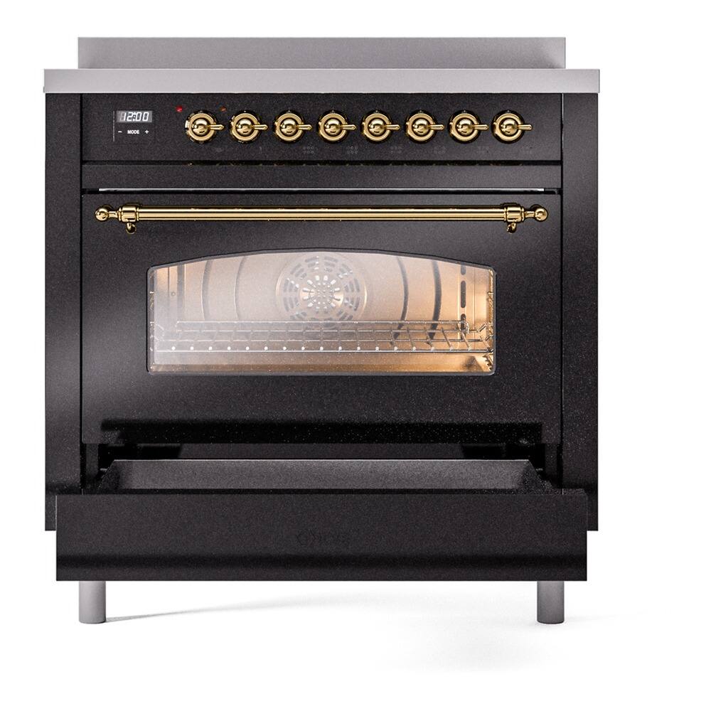 Alt View 3. ILVE - ILVE Nostalgie II 36 inch Induction Range with 6 Elements (Triple Glass Door, Glossy Black, Brass) - Glossy Black.