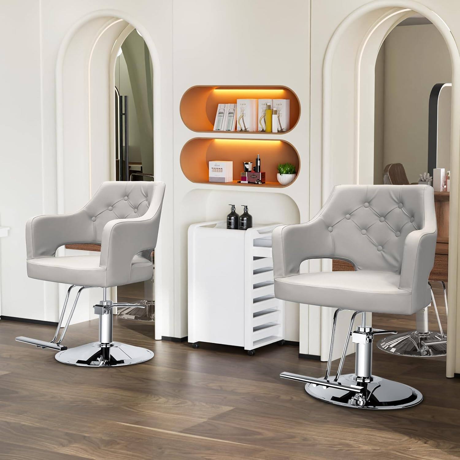 Angle. Winado - Professional Hydraulic Barber Chair with Memory Foam Cushion, Padded Armrests, T-shaped Footrest, Button Tufted Design - Gray.
