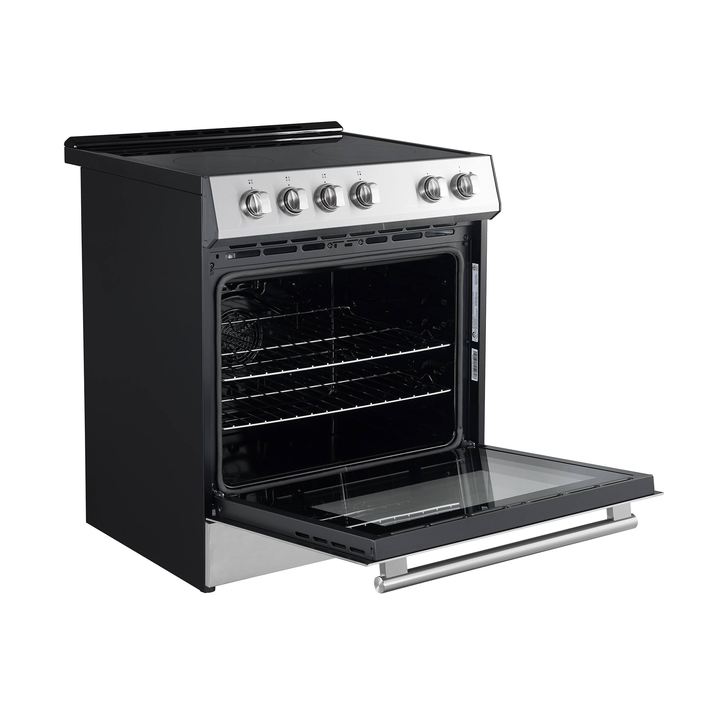 Left. Forno Appliances - Leonardo Espresso 5.0 cu. ft. Slide-In Oven Electric Convection Range in Stainless-Steel with Antique Brass Accents - Stainless steel.
