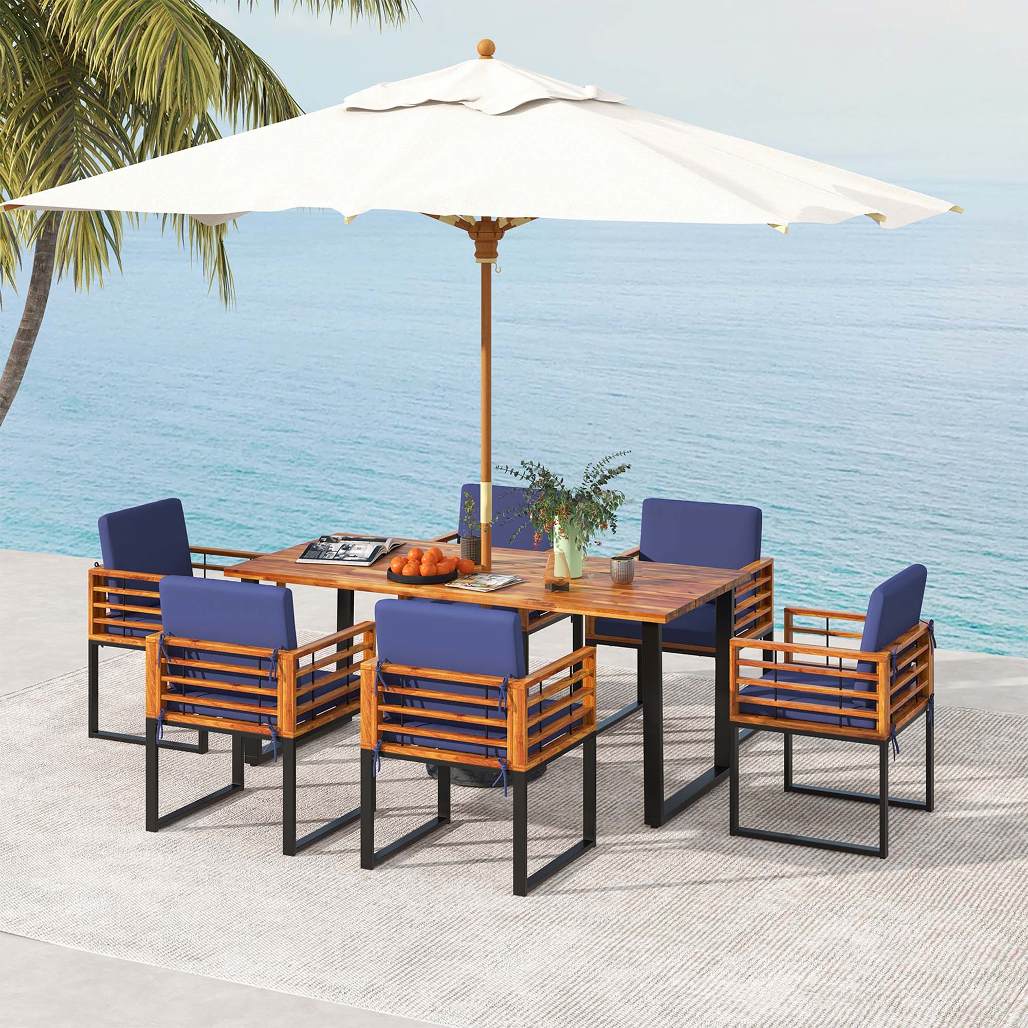 Alt View 2. Costway - Costway 7pcs Patio Acacia Wood Dining Chair & Table Set Heavy-Duty Space-Saving Outdoor - Natural,Black,Navy Blue.