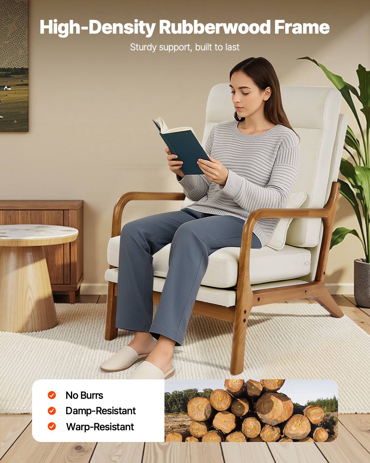 High-Density Rubberwood Frame  
Sturdy support, built to last  

- No Burrs  
- Damp-Resistant  
- Warp-Resistant