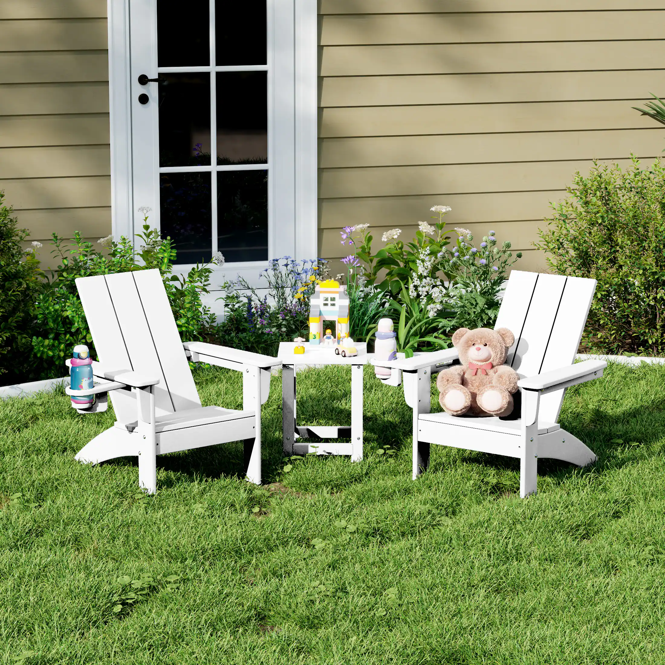 Angle. WestinTrends - WestinTrends Ashore 3-Piece Kids HDPE Modern Adirondack Chairs Set with Square Side Table and Cup Holders - White.