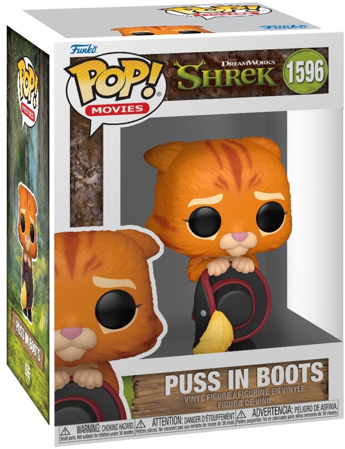 Sure, here is the corrected and grouped text from the image:

---

**Funko POP! MOVIES**

**DREAMWORKS SHREK**

**PUSS IN BOOTS**

**VINYL FIGURE / FIGURINE EN VINYLE / FIGURA DE VINIL**

**1596**

**WARNING: CHOKING HAZARD. Small parts. Not suitable for children under 36 months.**

**ATTENTION: DANGER D'ÉTOUFFEMENT. Petites pièces. Ne convient pas aux enfants de moins de 36 mois.**

**ADVERTENCIA: PELIGRO DE ASFIXIA. Partes pequeñas. No es adecuado para niños menores de 36 meses.**

---

This text is from the packaging of a Funko Pop! vinyl figure of Puss in Boots from the movie Shrek.