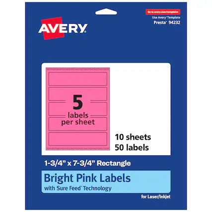Go to avery.com/templates
Use Avery Template Presta® 94232
5 labels per sheet
10 sheets
50 labels
1-3/4" x 7-3/4" Rectangle
Bright Pink Labels with Sure Feed Technology for Laser/Inkjet