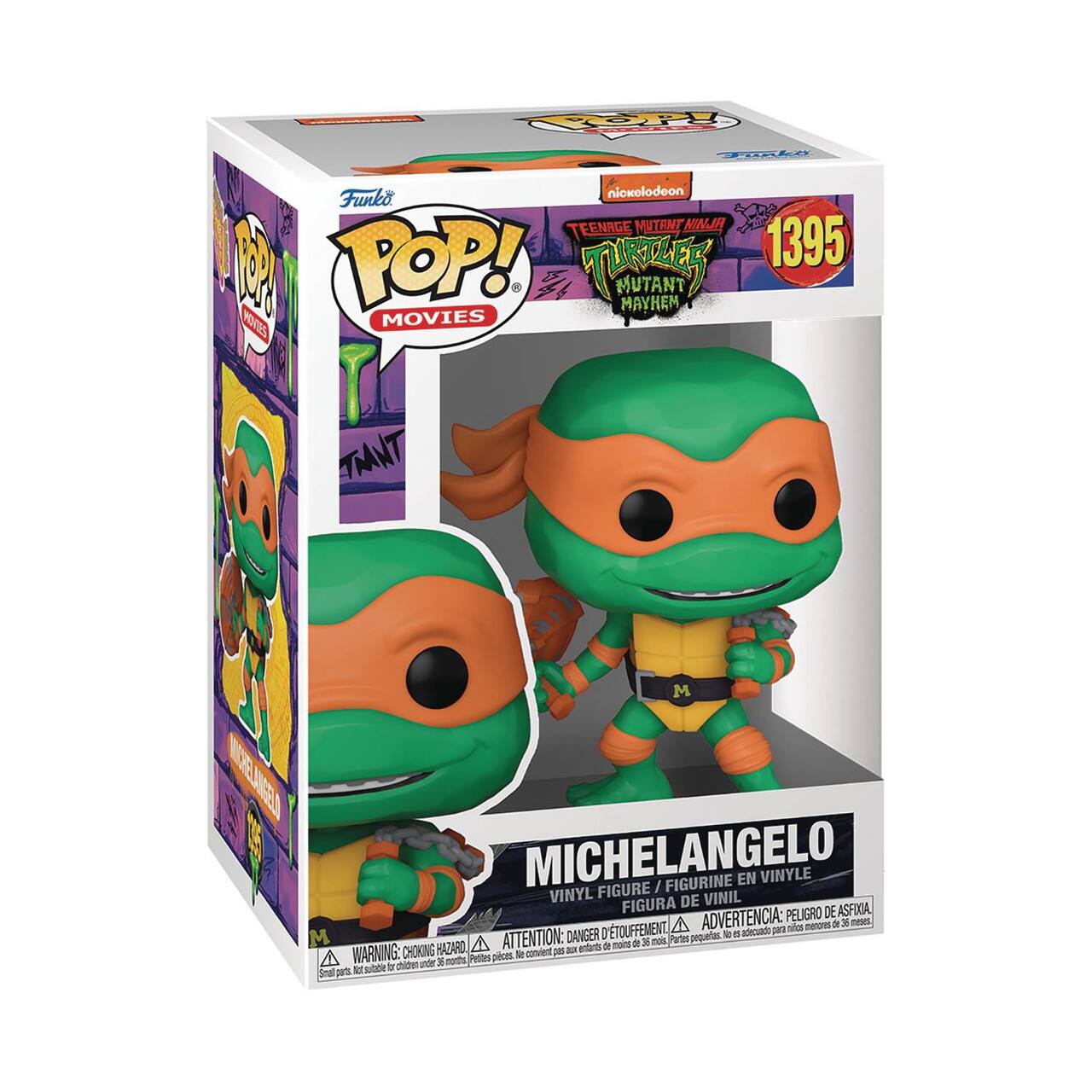 Sure, here is the corrected and grouped text from the image:

---

**Top Left Corner:**
- Funko
- POP! MOVIES

**Top Right Corner:**
- nickelodeon
- TEENAGE MUTANT NINJA TURTLES
- MUTANT MAYHEM
- 1395

**Main Text:**
- MICHELANGELO
- VINYL FIGURE / FIGURINE EN VINYLE
- FIGURA DE VINIL

**Warning Text:**
- WARNING: CHOKING HAZARD - Small parts. Not for children under 3 years.
- ATTENTION: DANGER DE SOUFFLETMENT - Petites pièces. Ne convient pas aux enfants de moins de 3 ans.
- ADVERTENCIA: PELIGRO DE ASFIXIA - Piezas pequeñas. No es adecuado para niños menores de 3 años.

**Bottom Left Corner:**
- M

**Bottom Right Corner:**
- M

---