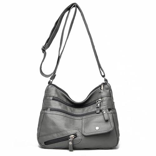 Front. Fabibe - Crossboby Bag For Women - Soft Pu Leather Multi-pocket Shoulder Handbag With Adjustable Strap - Grey 1.
