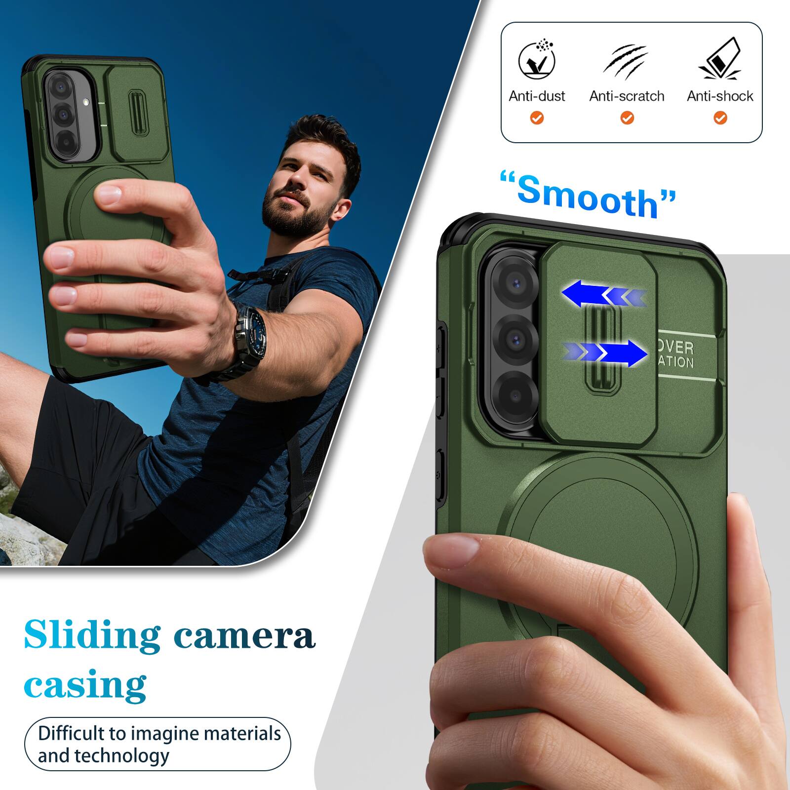 Anti-dust  
Anti-scratch  
Anti-shock  
"Smooth"  
Sliding camera casing  
Difficult to imagine materials and technology