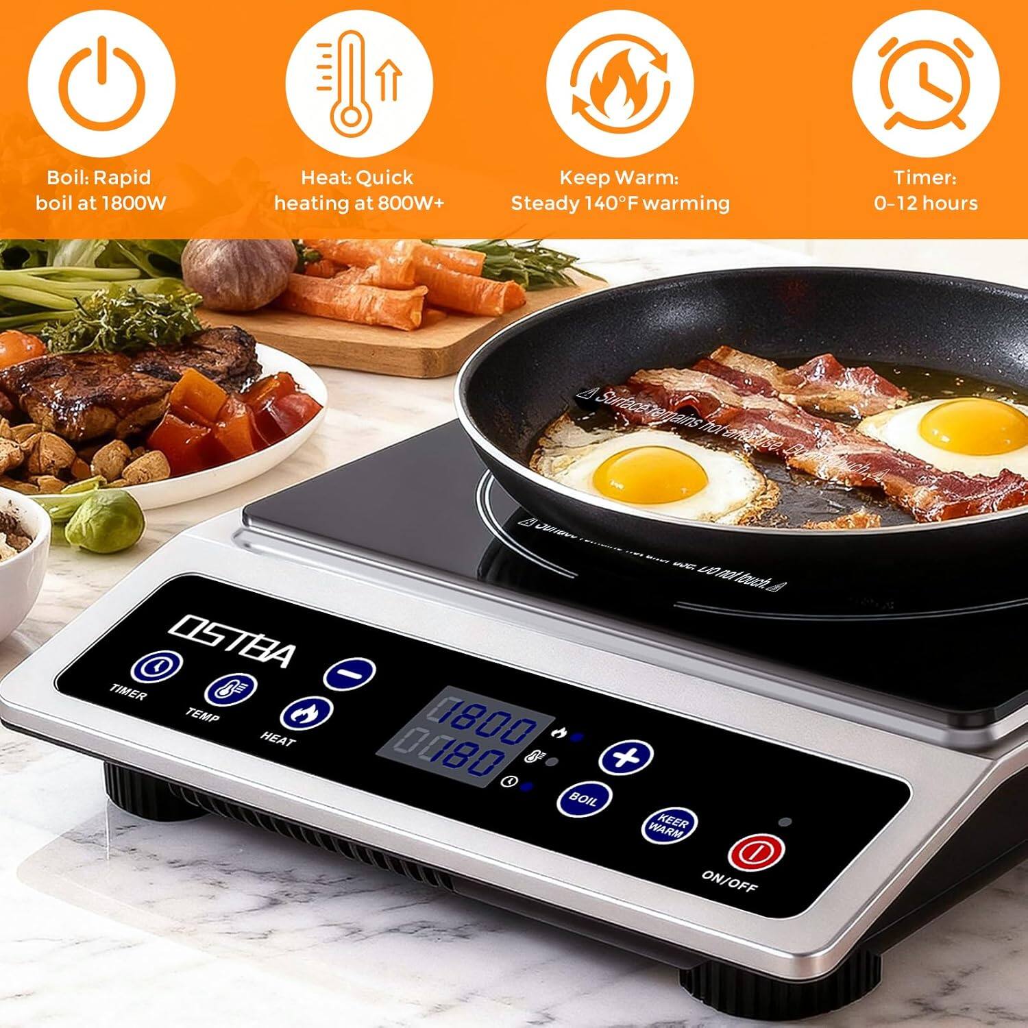 Boil: Rapid boil at 1800W  
Heat: Quick heating at 800W+  
Keep Warm: Steady 140°F warming  
Timer: 0-12 hours