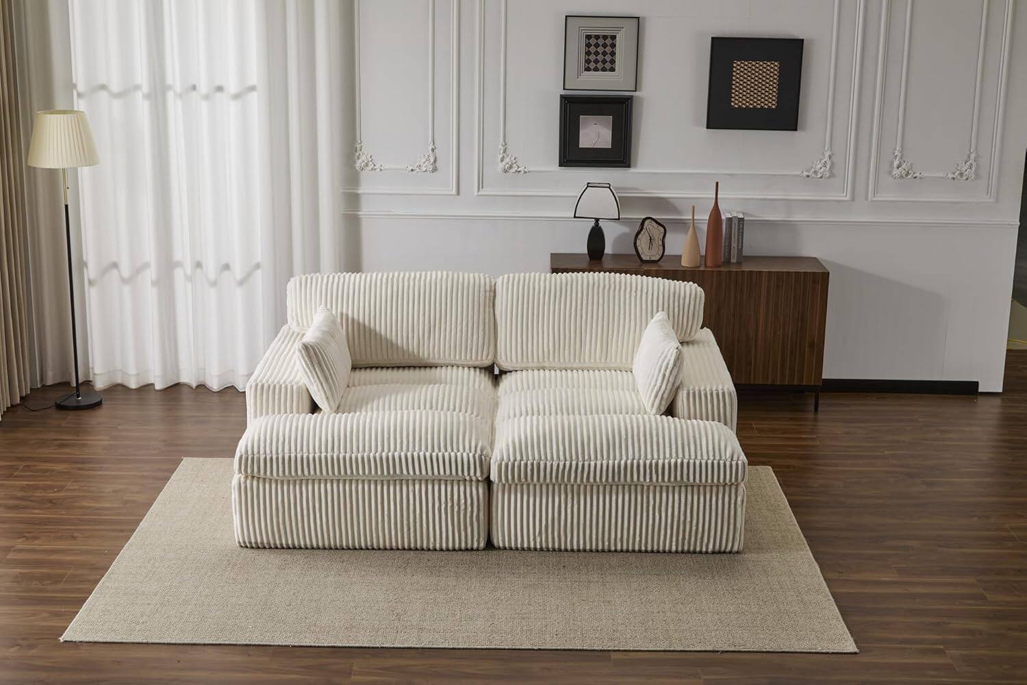 Alt View 7. Trinkets Crazed - Modular Loveseat Double Chaise Lounge Sofa Corduroy Sectional Sofa Boneless Couch - white.