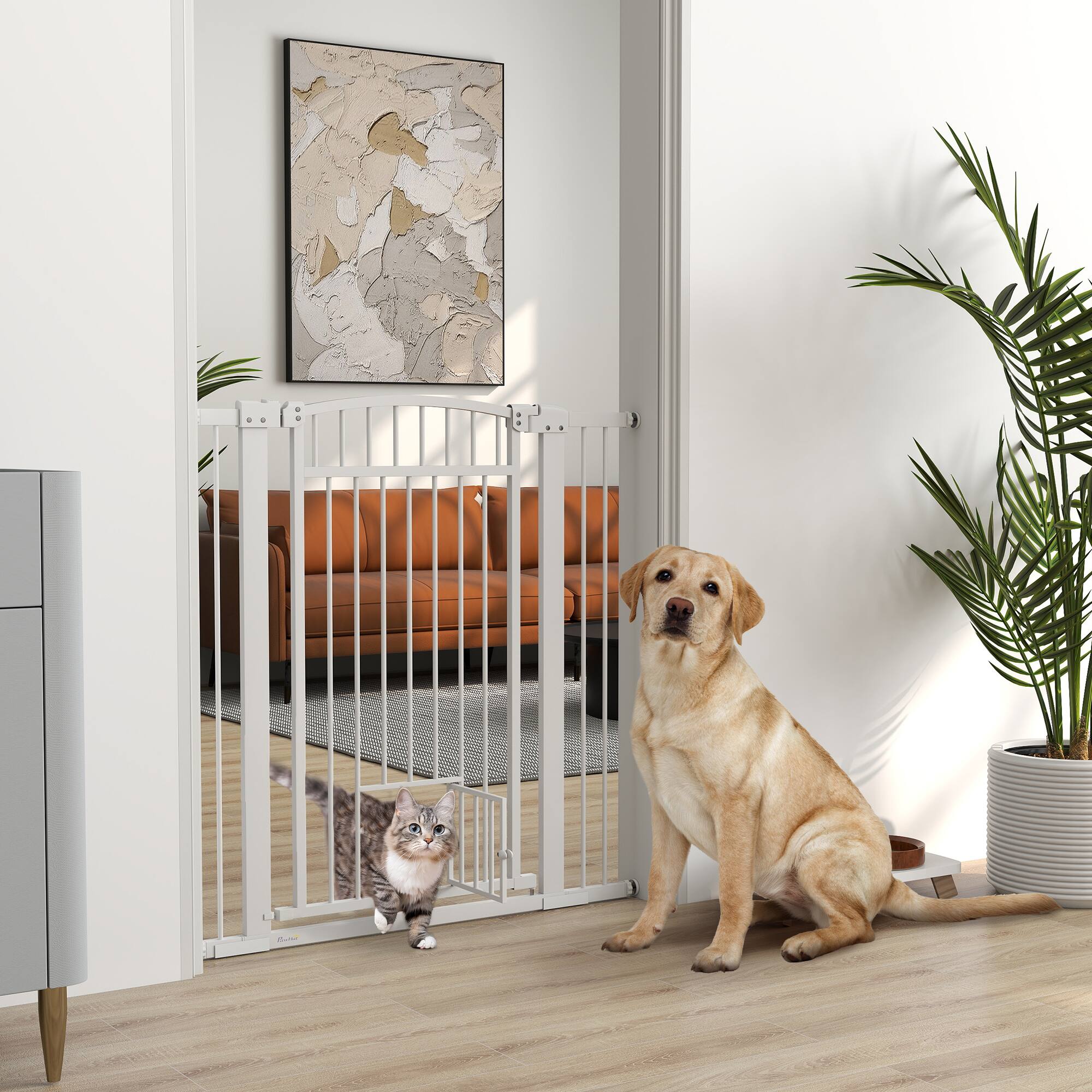 Angle. Pawhut - Pet Gate Indoor with Cat Door, 30"-41" Dog Gate, Extra Wide, 3"/5.5" Extension Kits, Pressure/Hardware Mounted, 37" High.