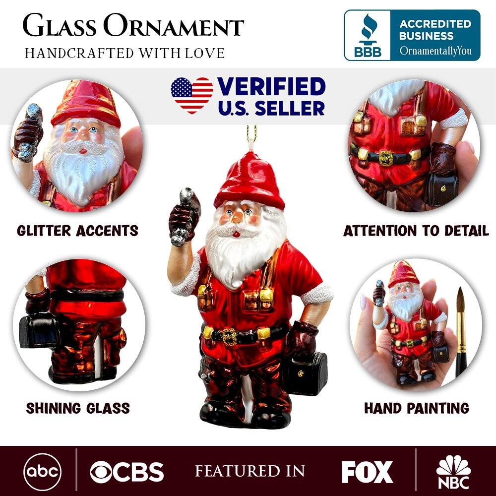 **Glass Ornament**  
Handcrafted with Love

**Verified U.S. Seller**

- Glitter Accents
- Shining Glass
- Attention to Detail
- Hand Painting

**Accredited Business**  
BBB  
OrnamentallyYou

**Featured in**  
ABC  
CBS  
FOX  
NBC