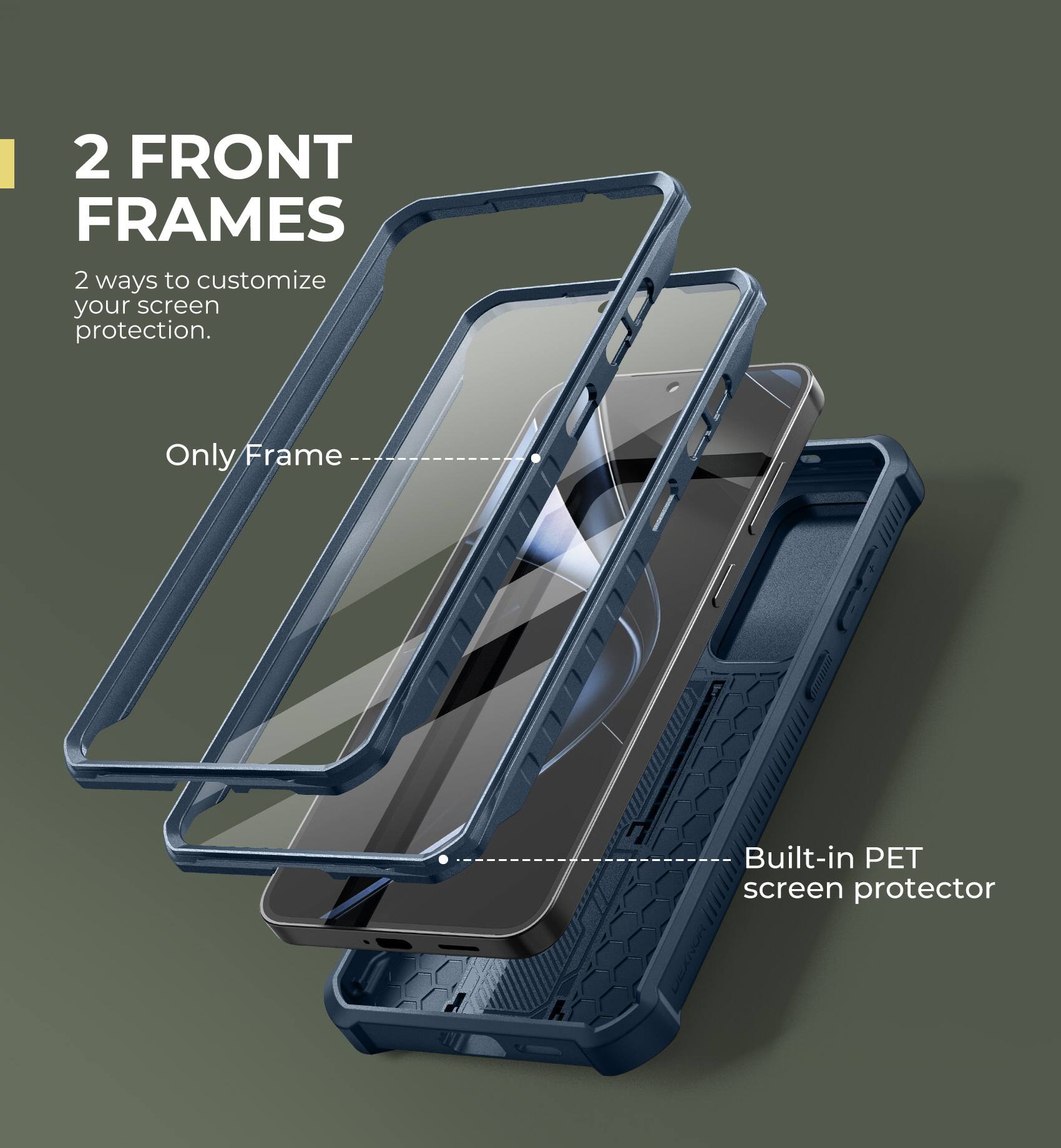 2 FRONT FRAMES
2 ways to customize your screen protection.
Only Frame
Built-in PET screen protector