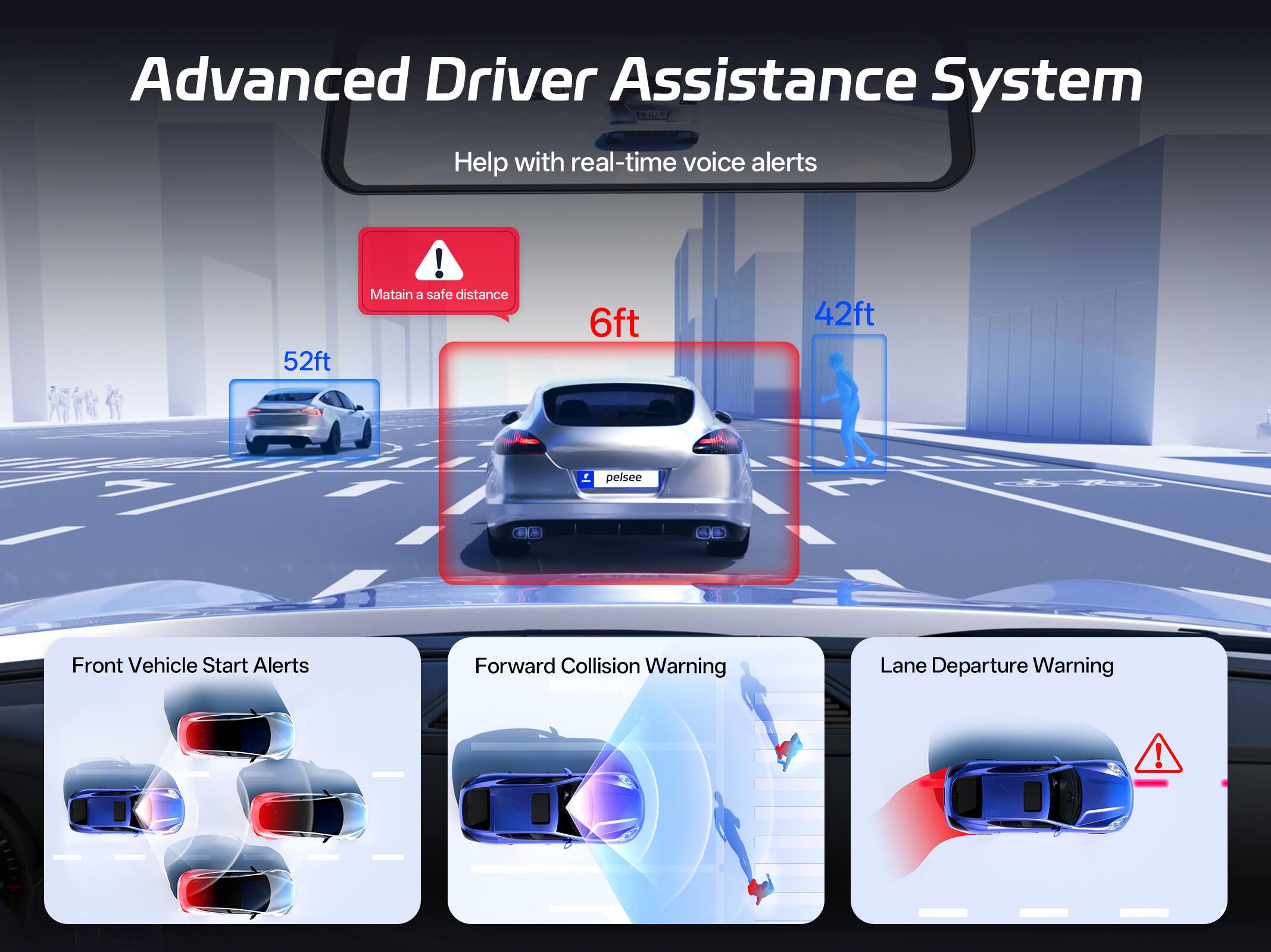Advanced Driver Assistance System  
Help with real-time voice alerts  

Maintain a safe distance  
52ft  
6ft  
42ft  

Front Vehicle Start Alerts  
Forward Collision Warning  
Lane Departure Warning
